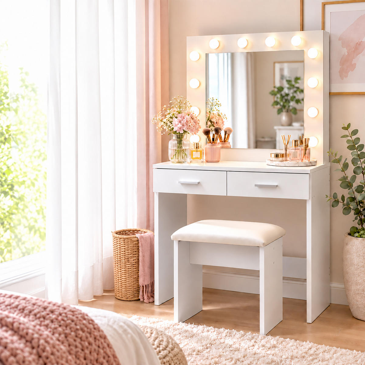 TOALETKA bílá se stoličkou LED zrcadlo - bílá, kompozitní dřevo/textil (80/140/40cm) - Relaxdays