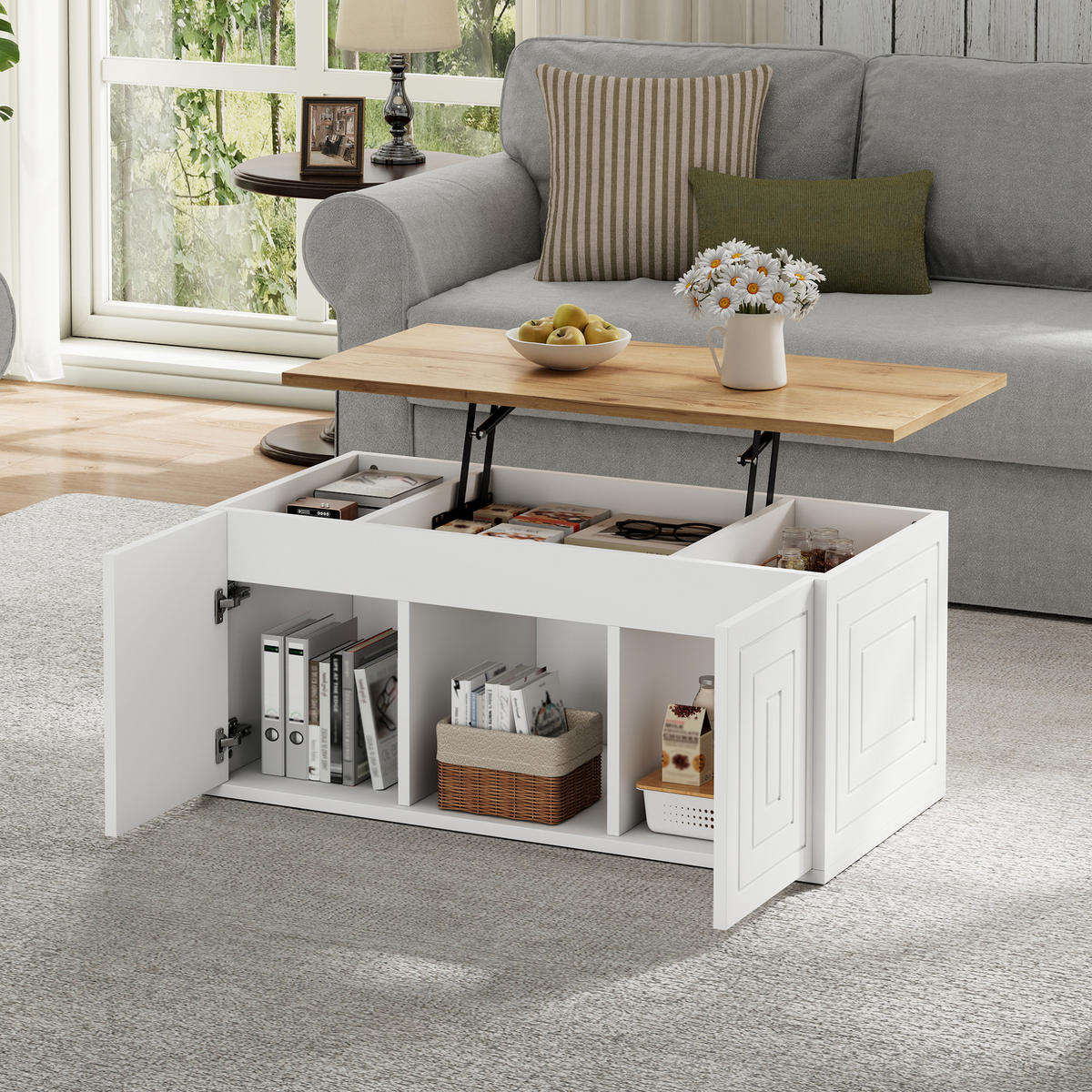 COUCHTISCH höhenverstellbar 95 x 46 x 45 cm Weiß/Natur mit Stauraum - Weiß, Holzwerkstoff (46/95/45cm) - Meubliv