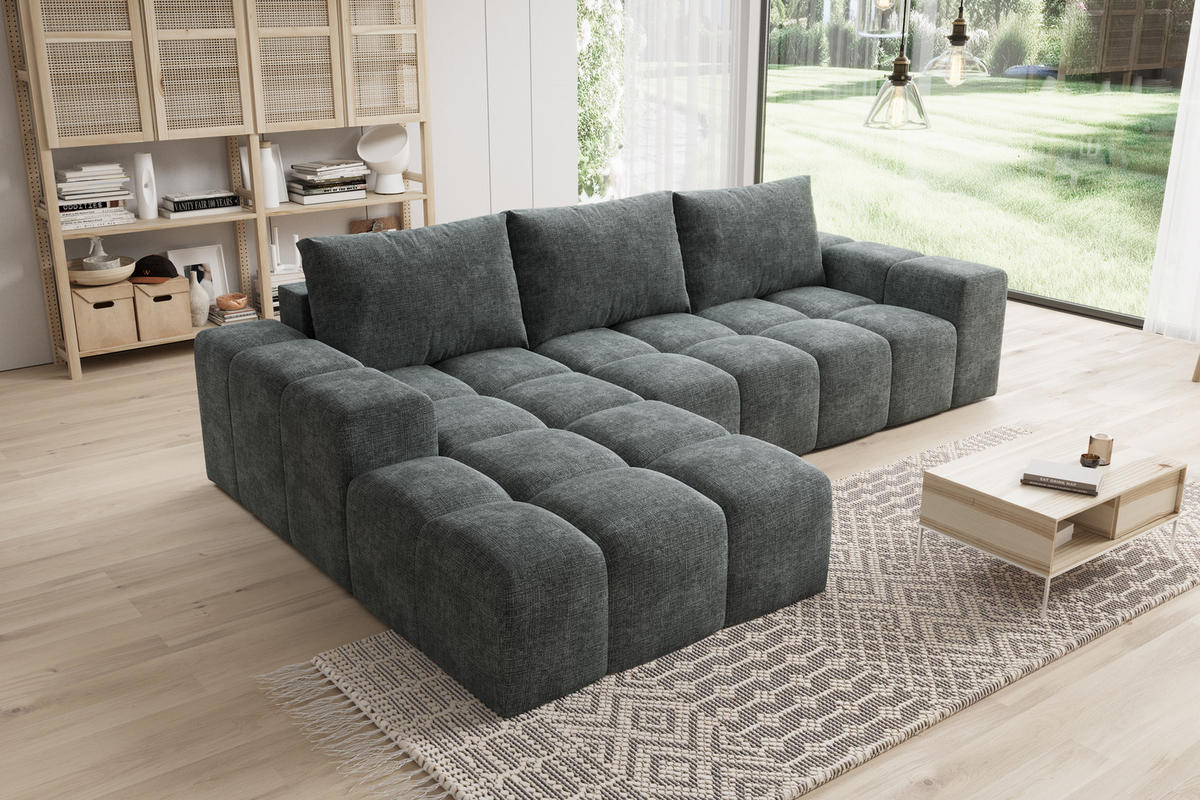 ECKSOFA Cento, L-Form, Ottomane links, Webstoff, 285x56x180 cm, Grau - Grau, Holz (180/285cm) - PROMETO Möbel