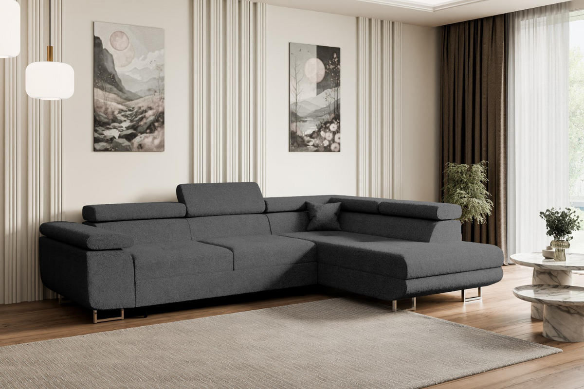 ECKSOFA mit Schlaffunktion und Bettkasten GUSA-L 272x202x107 cm Grau Bouclé - Silberfarben/Grau, Holzwerkstoff/Textil (272/202cm) - ALTDECOR