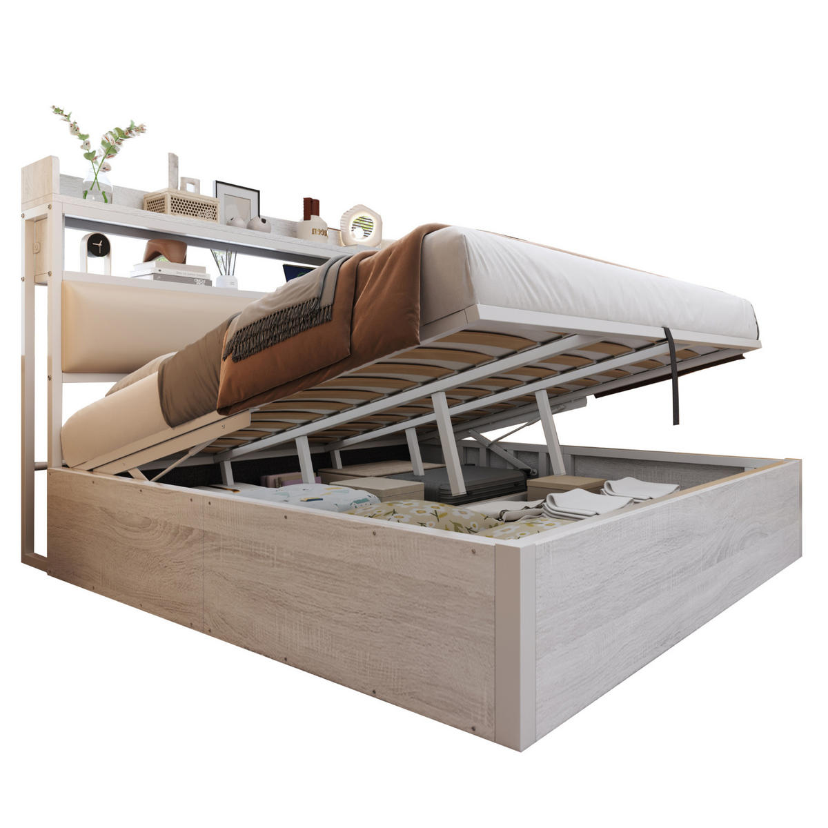 BETT 180/200 cm Weiß mit Stauraum, USB-Anschlüssen und Vintage-Look - Weiß, Metall (180/200cm) - Flora Grace