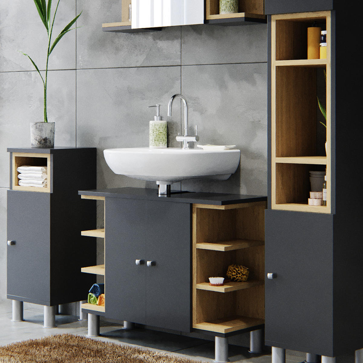BADMÖBEL-SET Aquis Anthrazit 4 Teile - Eichefarben/Anthrazit, Holzwerkstoff (79.6/64/32cm) - Vicco