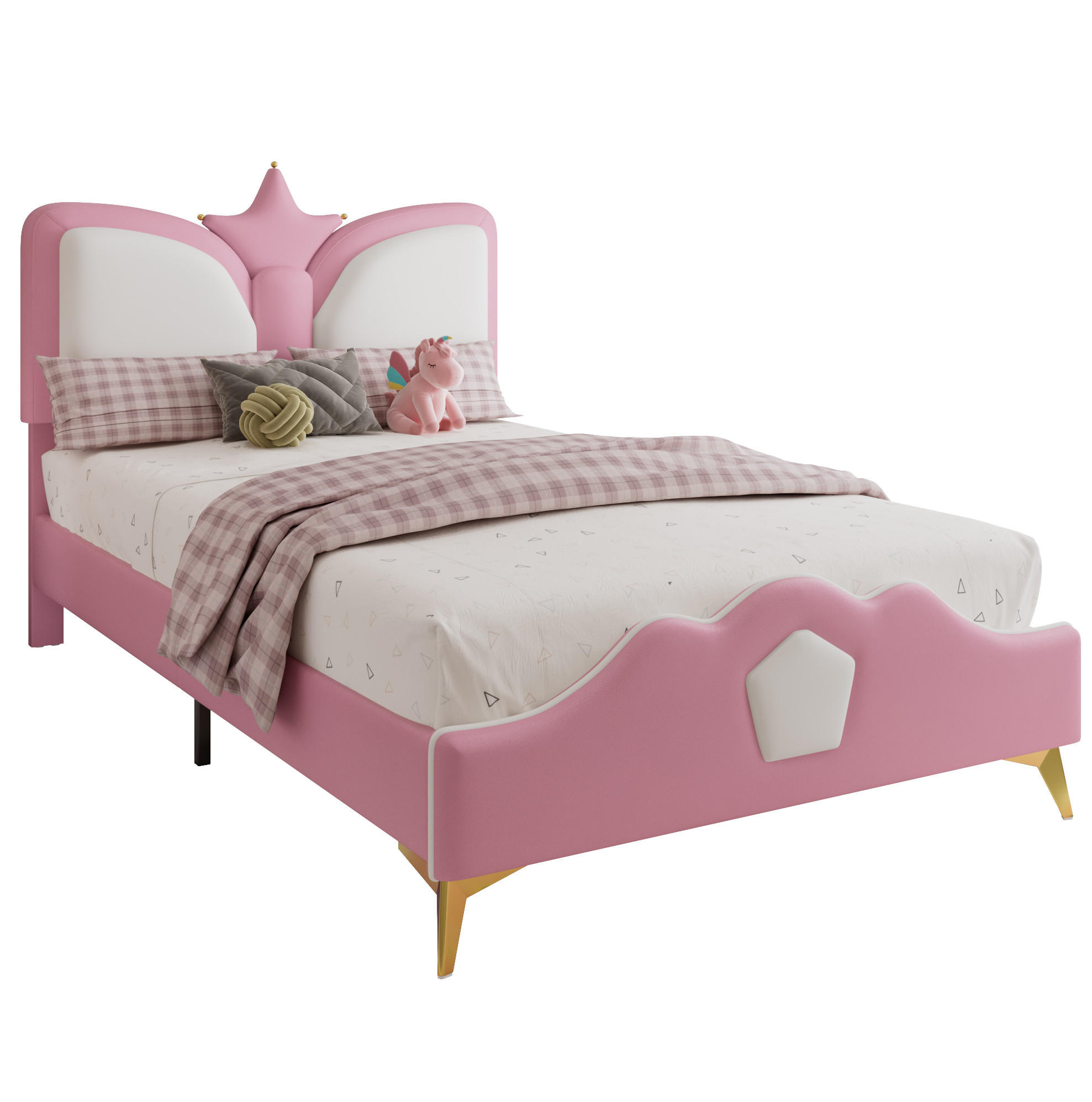 POLSTERBETT 90/200 cm Rosa Weiß mit Kopfteil in Kronenform und weichen Antikollisionskanten - Rosa, Kunststoff (90/200cm) - OKWISH