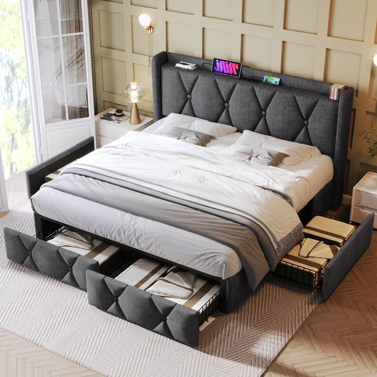 POLSTERBETT 140/200 cm mit 4 Schubladen, USB und Steckdosen, Grau - Grau, Textil (140/200cm) - BEAOK