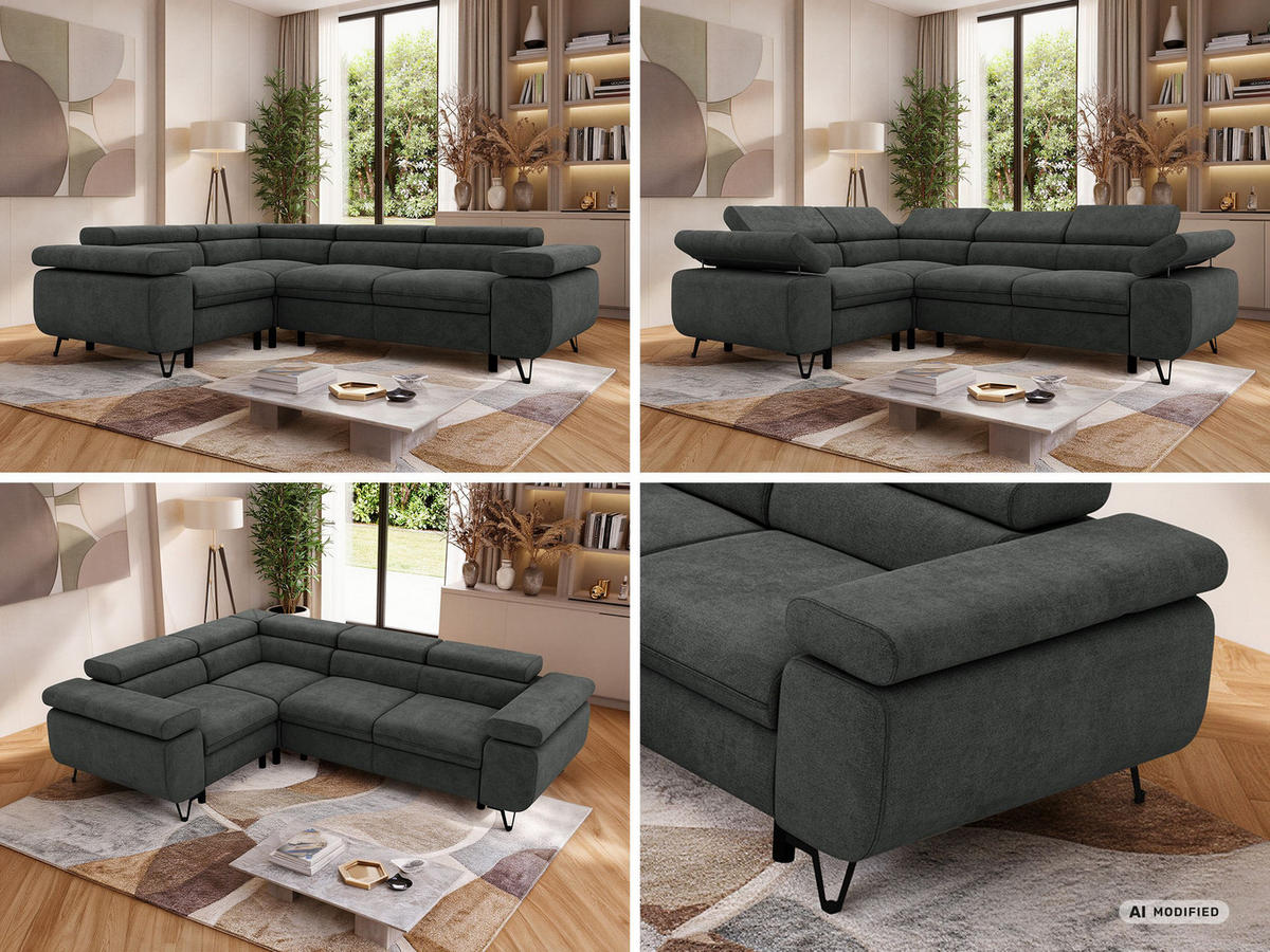 ECKSOFA ORSO L Dunkelgrau Stukture - Links Seite - Dunkelgrau/Schwarz, Textil/Metall (197/268cm) - MKS