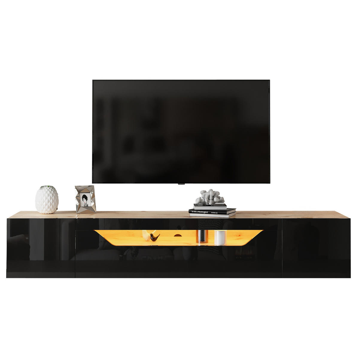 TV-LOWBOARD aus Spanplatte 180x37x36 cm Schwarz/Natur mit LED-Beleuchtung, wandmontiert und Hochglanzfront - Schwarz, Holzwerkstoff (180/36/37cm) - Modfu