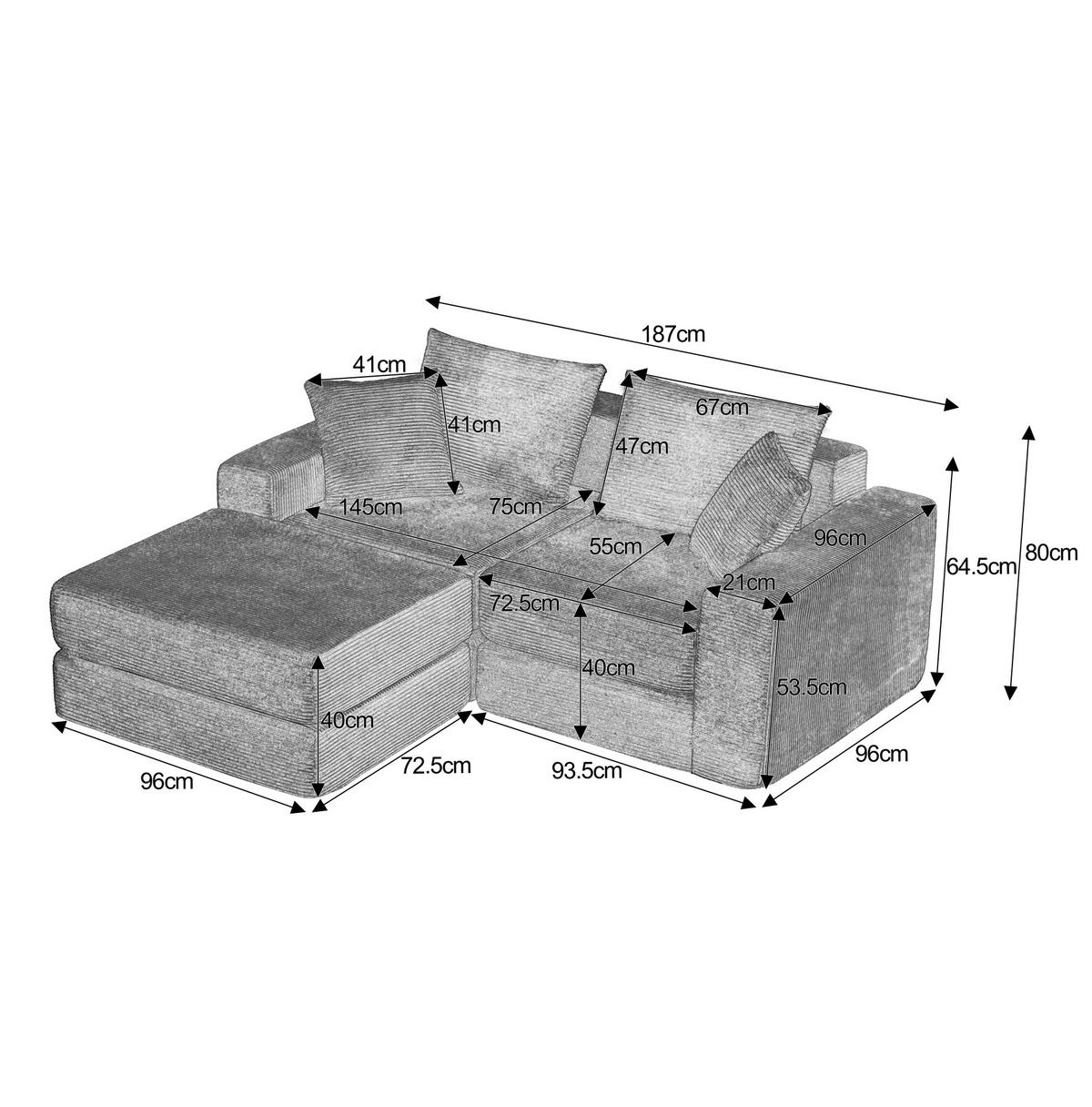 SOFA modular 2-Sitzer Cord Schwarz - Schwarz, Kunststoff (96/259.5cm) - Meubliv