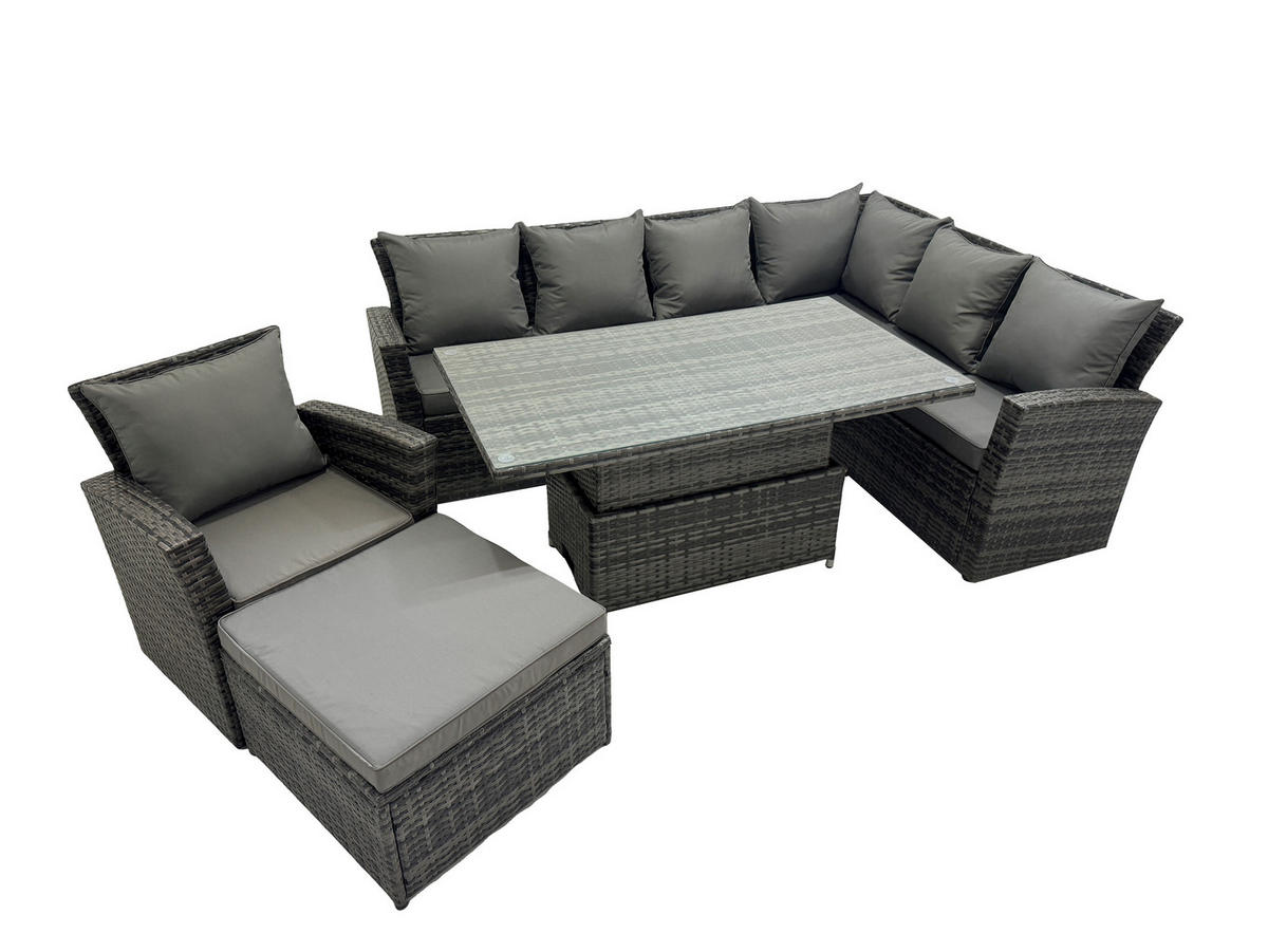 GARTEN-ECKSOFAGARNITUR mit höhenverstellbarer Tisch Polyrattan 8-Sitzer - Dunkelgrau/Grau, Glas/Kunststoff - Fimous