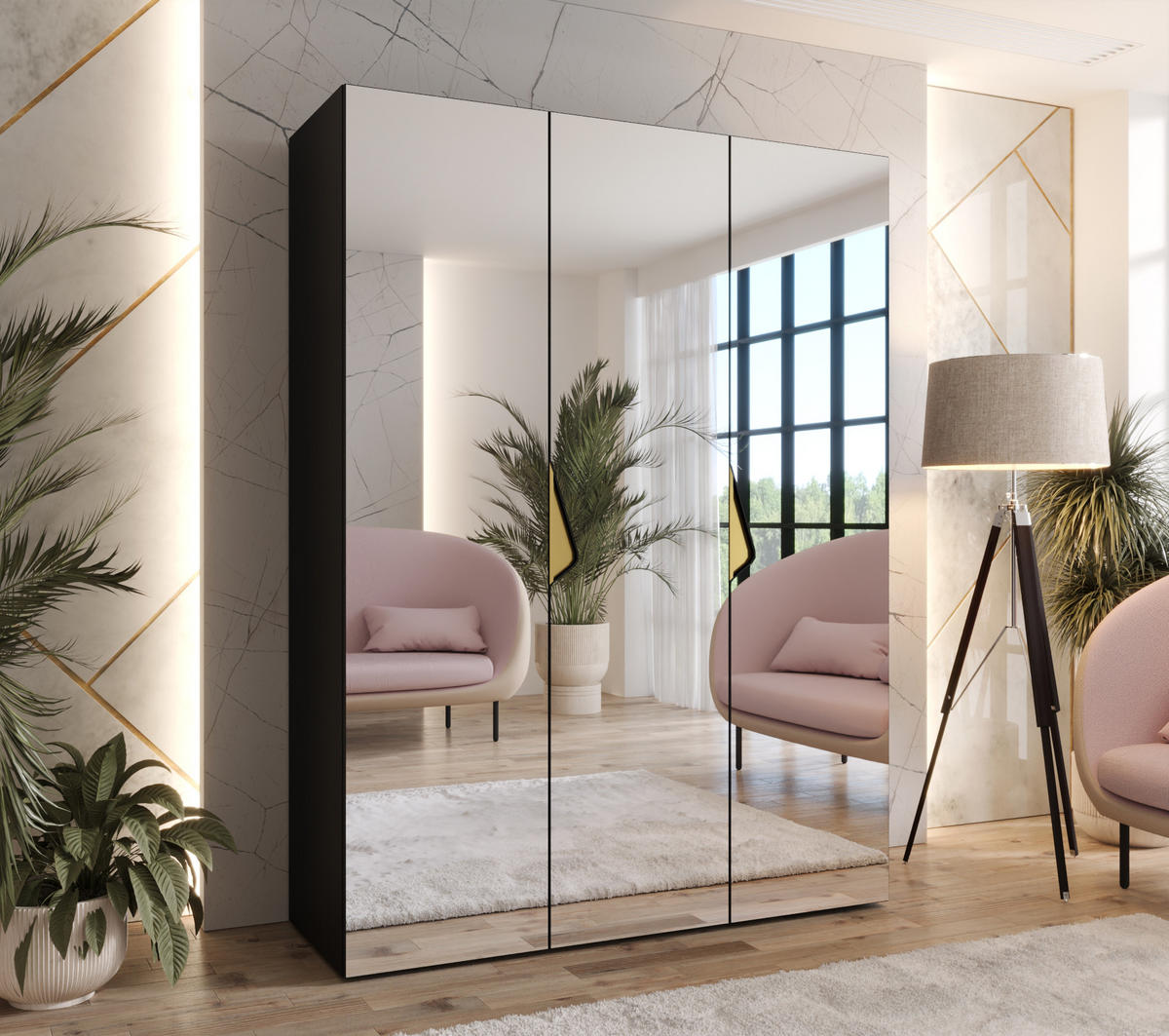 DREHTÜRENSCHRANK 202/150/52 3-türig - Goldfarben/Schwarz, Holz/Metall (150/202/52cm) - Abiks Möbel