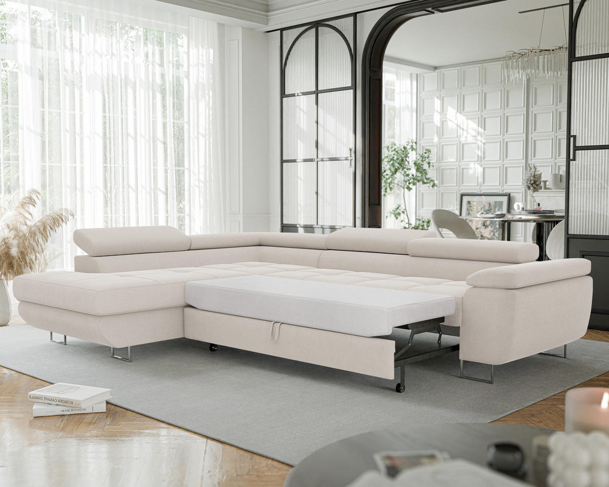 ECKSOFA ANTON links, mit Schlaffunktion und Bettkasten Creme - Creme, Holzwerkstoff/Kunststoff (274/203cm) - Idohome
