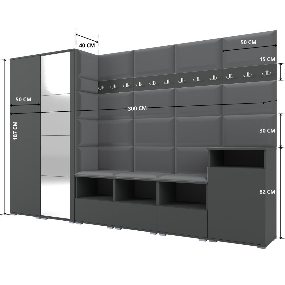 GARDEROBE NELA XII 300 cm (Modulare Flurmöbel Graphit mit Spiegel & Sitzpolster Dunkelgrau 15 Gigantisches Set) - Dunkelgrau/Silberfarben, Holz/Holzwerkstoff (300/187/40cm) - Ravio