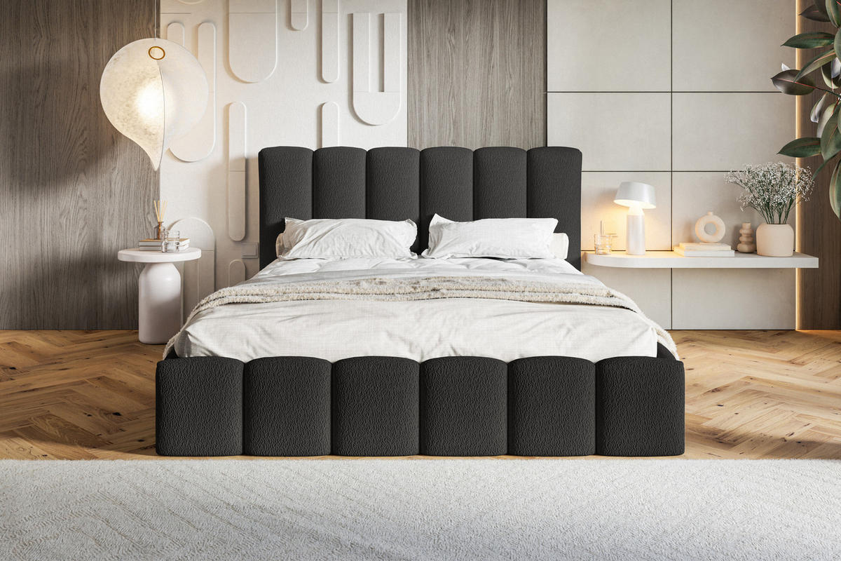 POLSTERBETT 160x200 Palermo mit Bettkasten, Lattenrost, Boucle, Schwarz - Schwarz, Holz/Textil (160/200cm) - Emporius