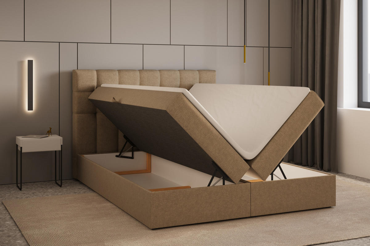 BOXBETT - Bett 05 OSLO - Hugo - 140x200 cm - mit Bettkasten und Waschbarem Topper - Cappuccino, Holz (140/200cm) - ROYAL24_MARKT
