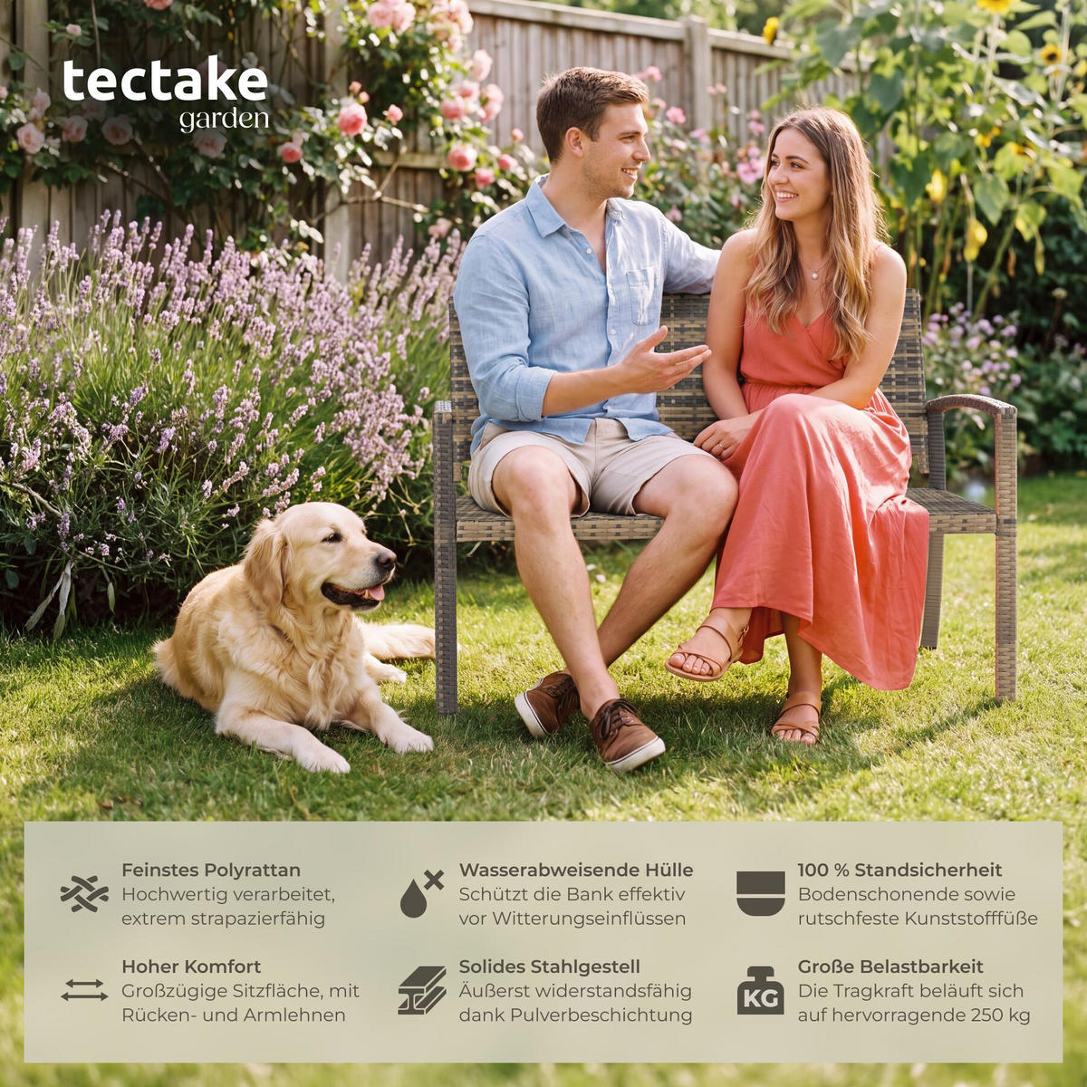 RATTAN-GARTENBANK Murat, 125 x 62,5 x 90 cm, inklusive Schutzhülle, natur - Naturfarben, Kunststoff (125/90/62.5cm) - tectake