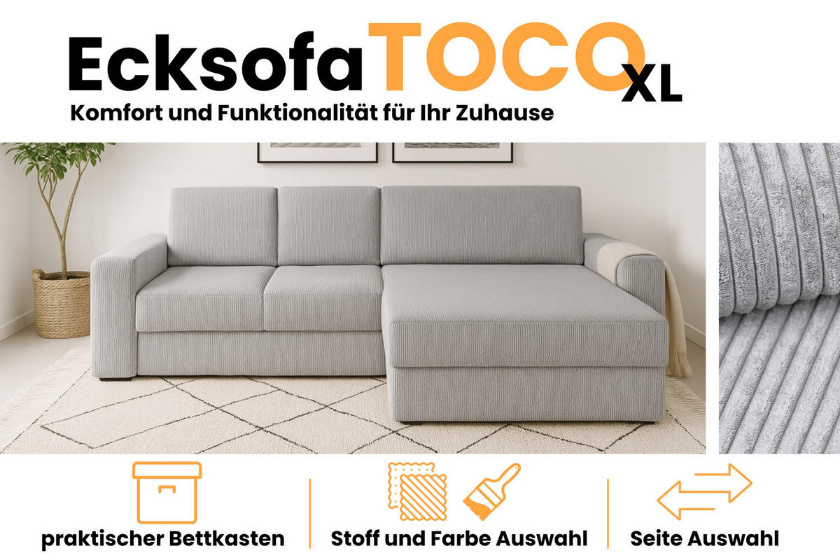 ECKSOFA TOCO XL 275/170 cm in Cord Hellgrau rechts - Hellgrau, Holz/Holzwerkstoff (275/170cm) - Deine Möbel 24