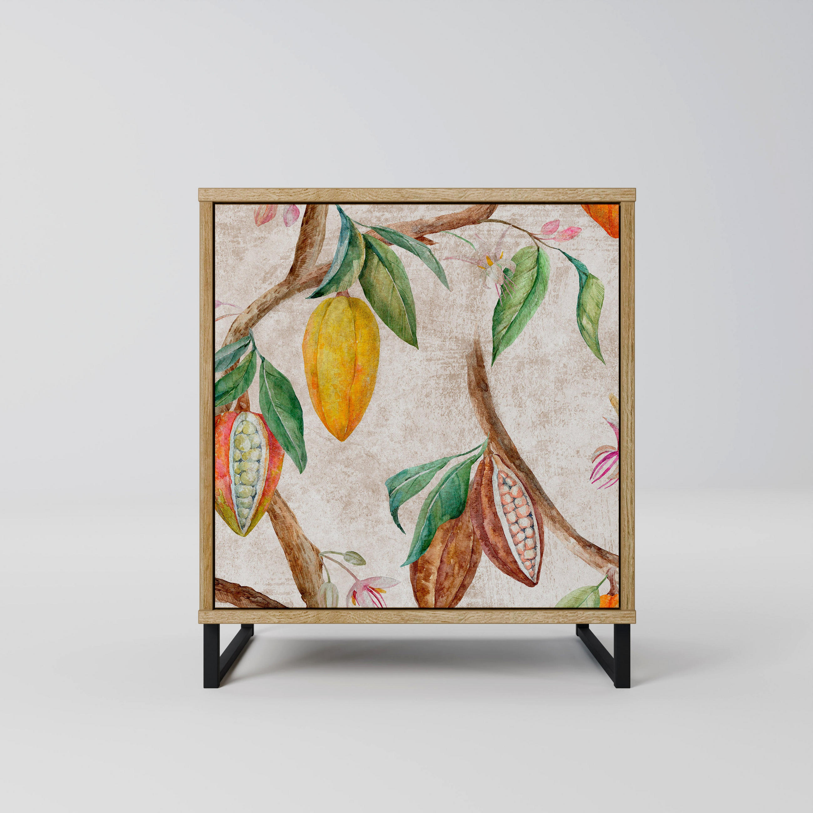 SIDEBOARD COCOA FRUITS, Eichefarben, 57,5x42x67,5 cm, Schwarze Metall-Rahmenfüße - Eichefarben/Multicolor, Holzwerkstoff/Metall (57.5/67.5/42cm) - SpaceRebels