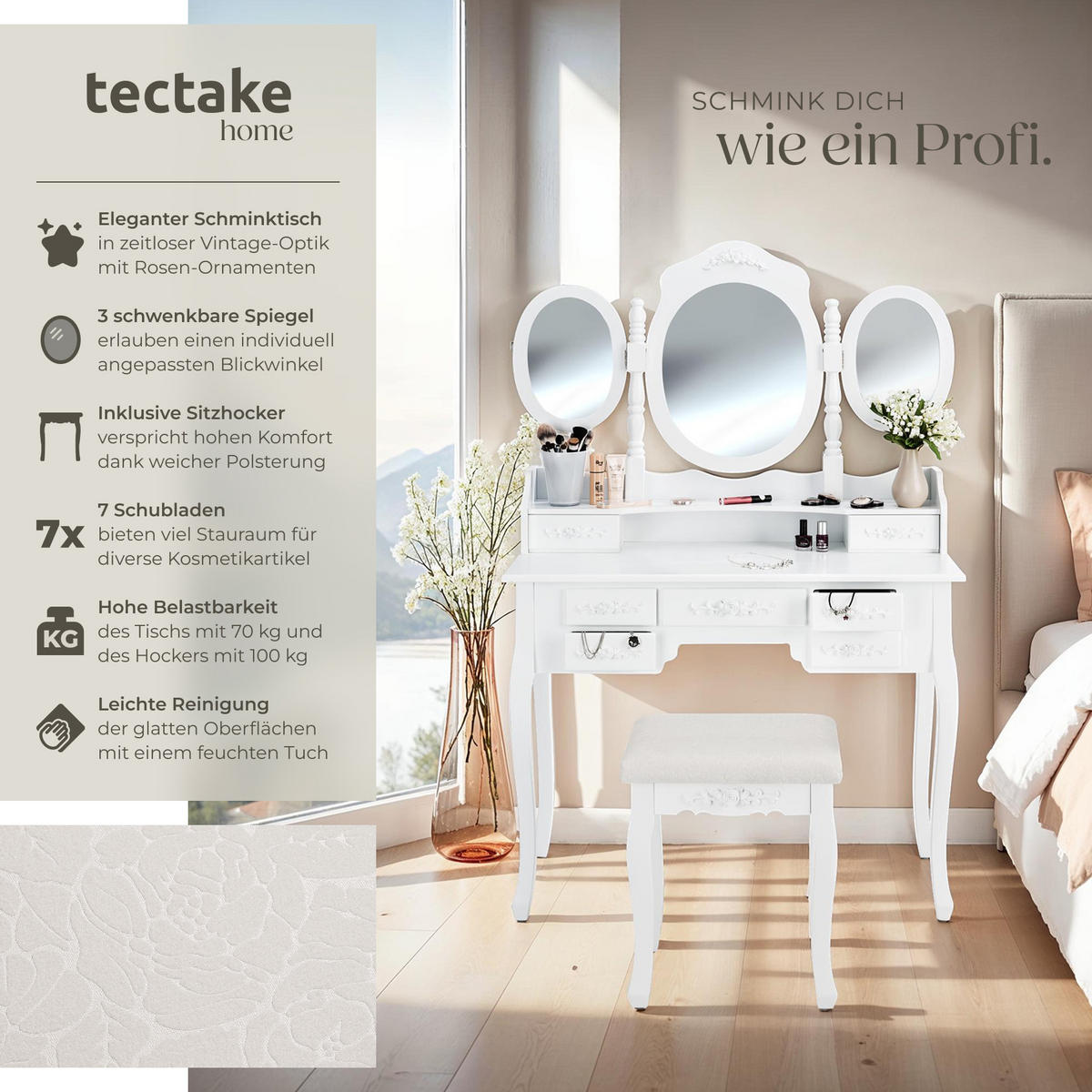SCHMINKTISCH ,90 x 40 x 145 cm,weiß - Weiß, Holz (40/145/90cm) - tectake