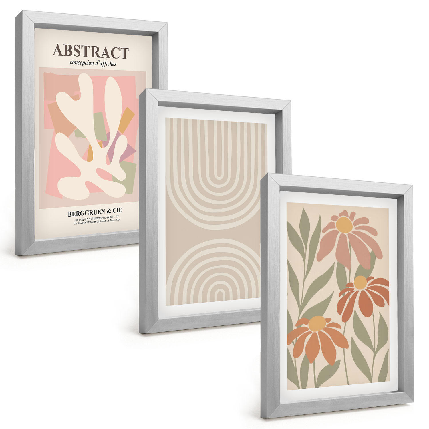BILDER SET 3er Set - 20x30 cm Silberner Rahmen - Abstrakte Pflanzenformen - Silberfarben, Kunststoff (20/30cm) - TULUP