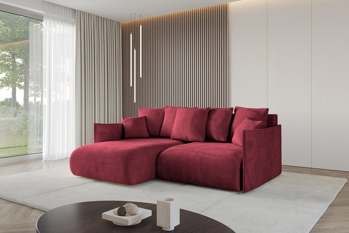 ECKSOFA mit Schlaffunktion und Bettkasten ONESK-L 208x165x40 Bordeauxrot Velours - Bordeaux, Holzwerkstoff/Kunststoff (208/165cm) - ALTDECOR