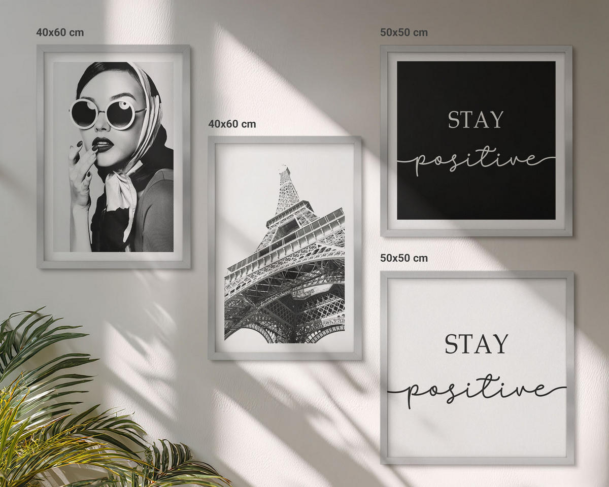BILDER SET 4er Set - 50x50 cm & 40x60 cm Silberner Rahmen - Porträts, Eiffelturm-Slogans - Silberfarben, Kunststoff (50/50cm) - TULUP
