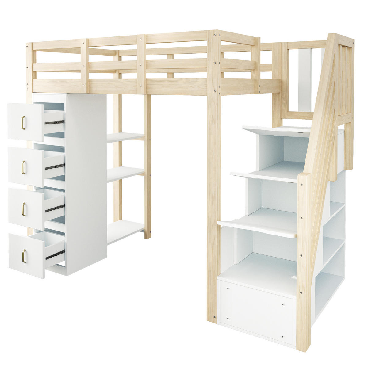 HOCHBETT 90x200 cm in Naturholzfarbe mit Stauraumtreppe und Schubladen - Naturfarben, Holz (90/200cm) - IVMEU