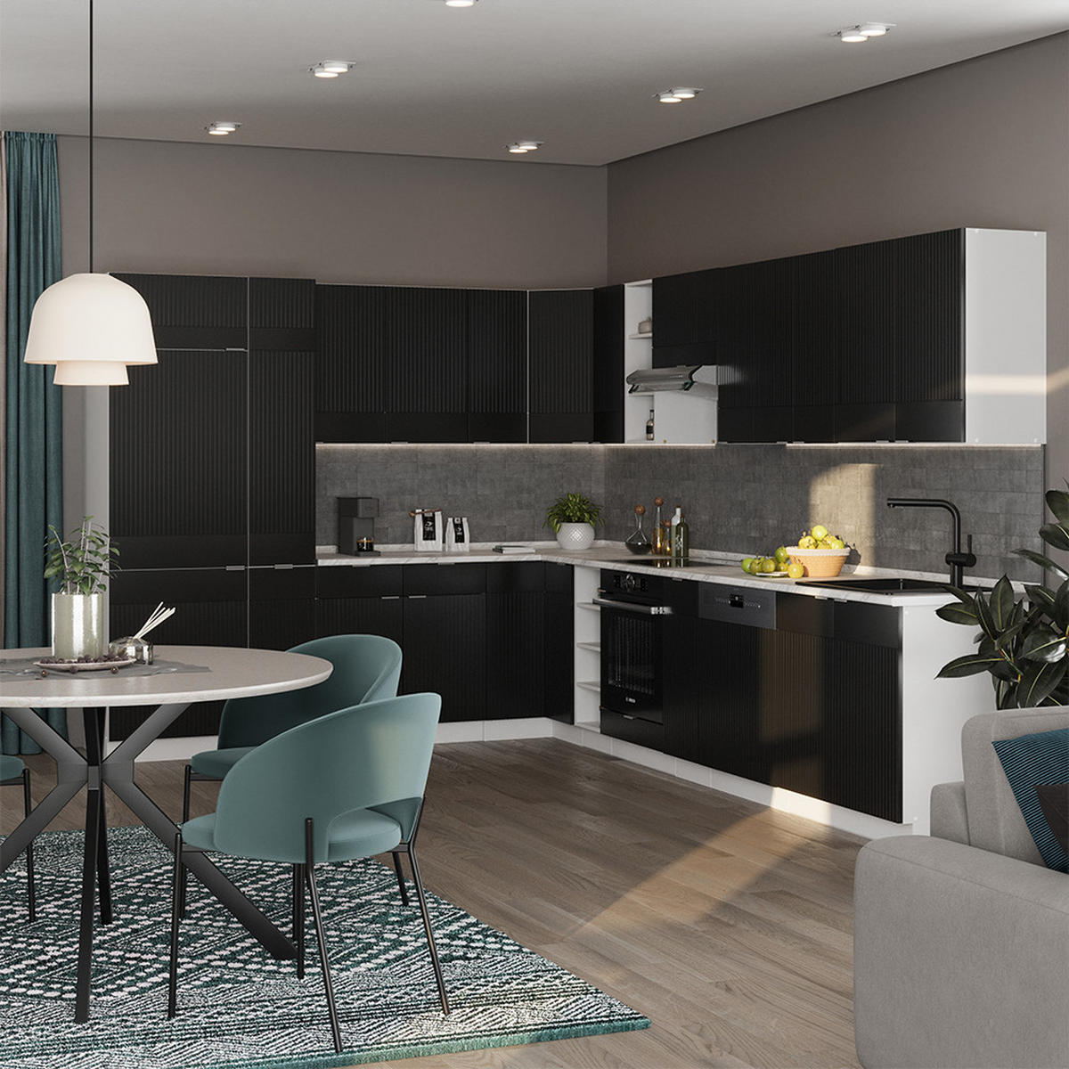 ROHOVÁ KUCHYNĚ Fame-Line, černé pruhy/bílá, 347 x 257 cm, dub AP - černá, kompozitní dřevo (347/81.6/60cm) - Vicco