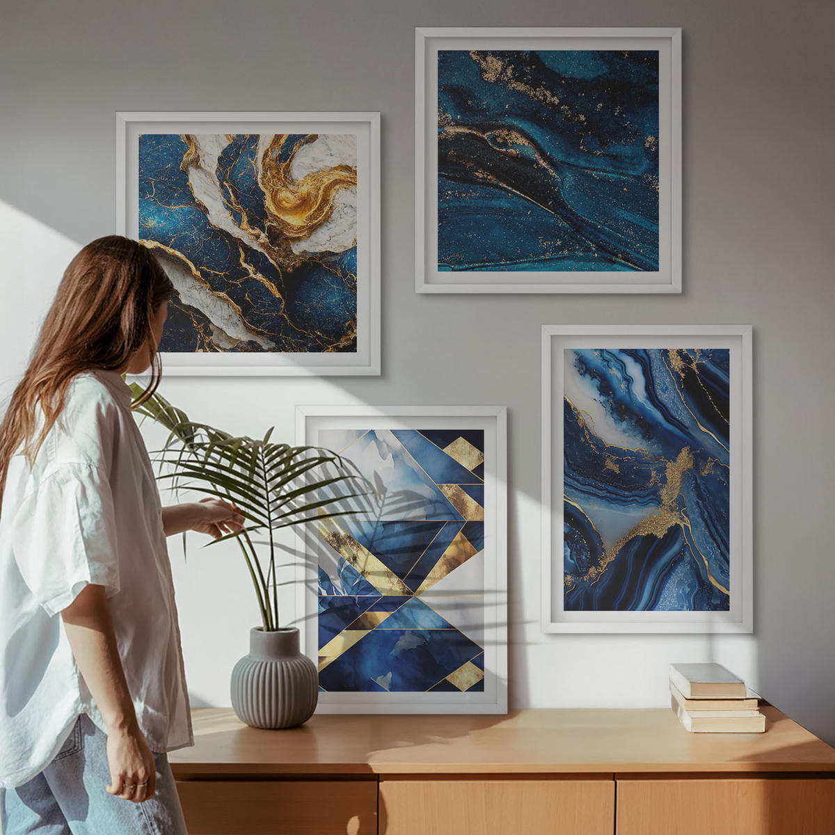WANDBILDER 4er-Set - 50x50 cm & 40x60 cm Weißer Rahmen - Abstrakte, elegante Muster - Weiß, Kunststoff (50/50cm) - ArtPrintCave