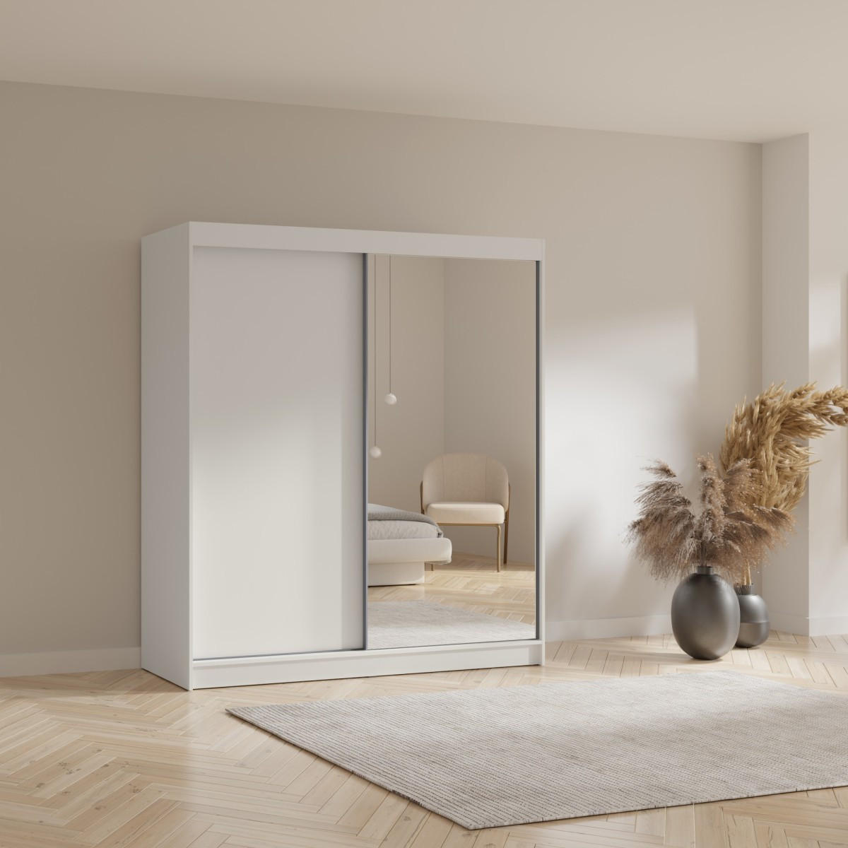 SCHWEBETÜRENSCHRANK mit Spiegel Fiore 2D1L 180 Weiß/Silber - Silberfarben/Weiß, Holzwerkstoff/Metall (180/200/60cm) - mzm24