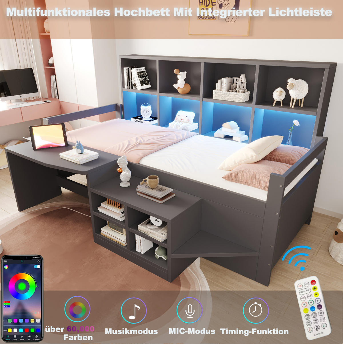 MULTIFUNKTIONSBETT 90x200 cm in Grau mit Schreibtisch, Stauraum und LED-Leiste - Grau, Holz (90/200cm) - IVMEU