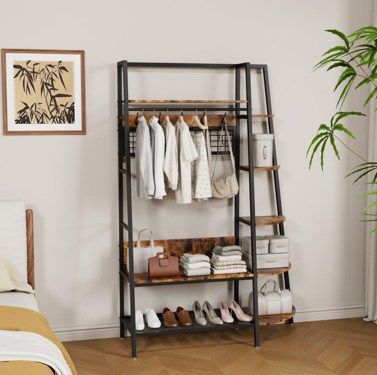 GARDEROBENSTÄNDER mit 3 Ablagen Metall/Holzoptik Black+Brown - Schwarz, Holzwerkstoff (43.4/182.6/123.4cm) - Beauniv