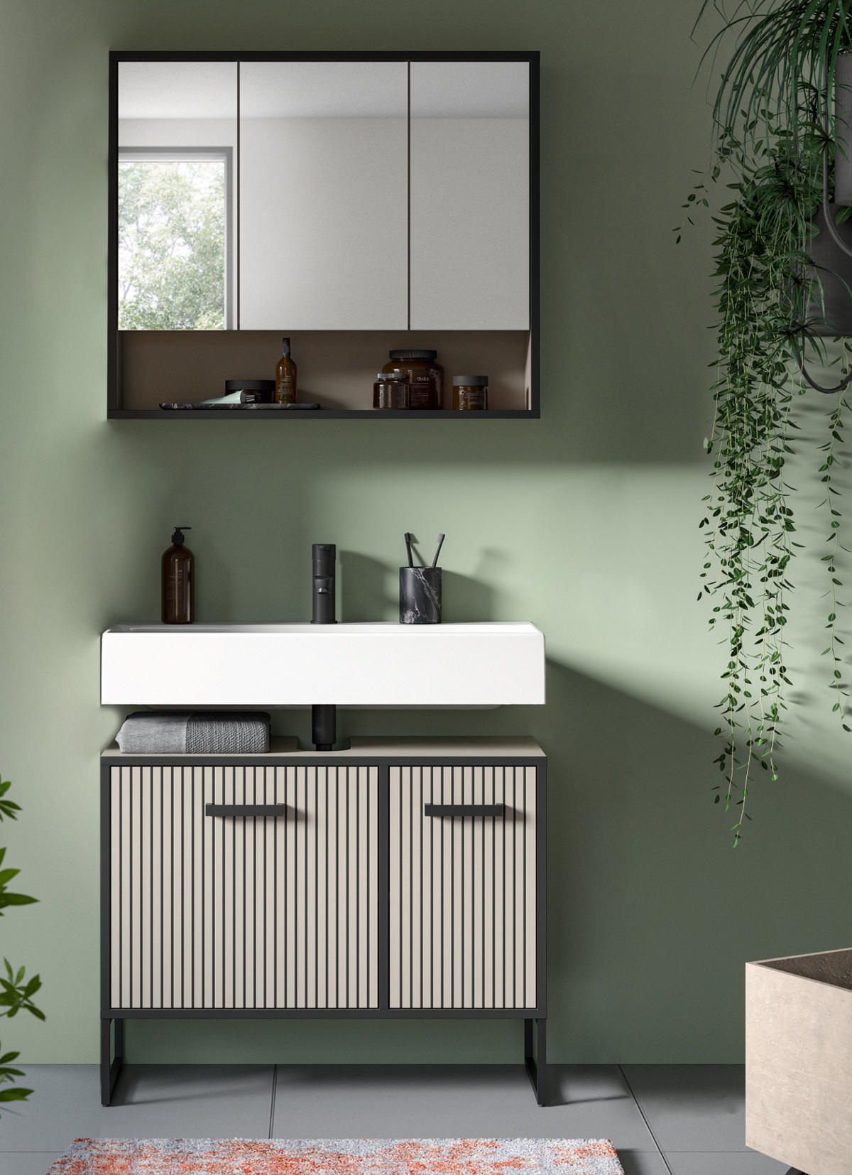 BADMÖBEL-SET 2-teilig Scana in schwarz, sand 80 cm, Kombination mit Soft-Close - Sandfarben/Schwarz, Glas/Holzwerkstoff (80/192/36cm) - Inn.Furn