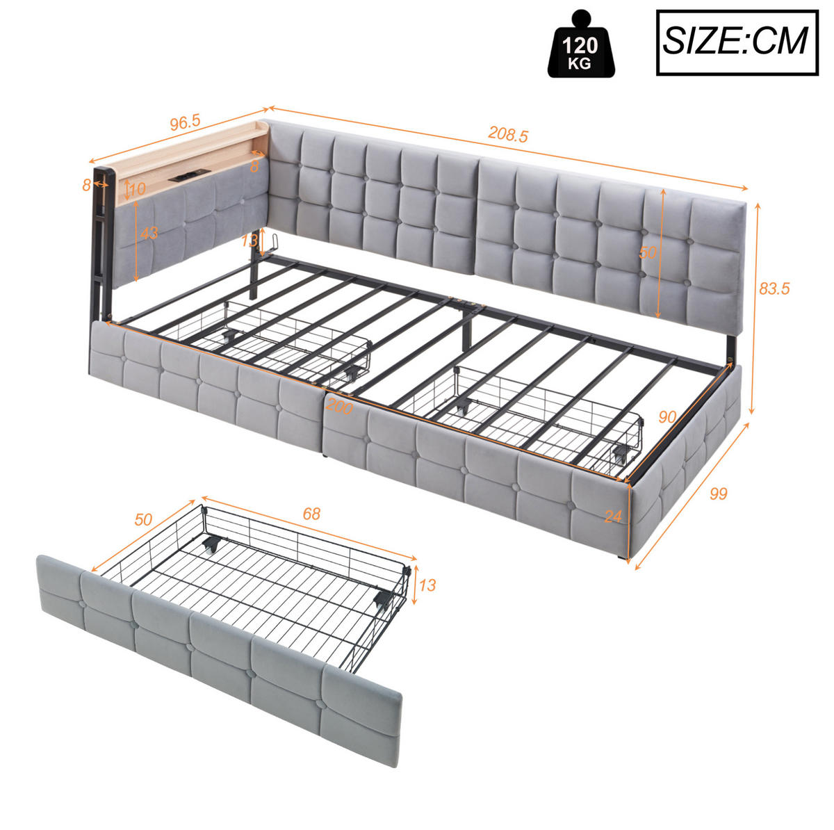 SCHLAFSOFA 90/200 cm gepolstert mit 2 Schubladen, LED-Beleuchtung, USB- und Typ-C-Anschluss, Grau - Grau, Textil (99/83.5/208.5cm) - Redom