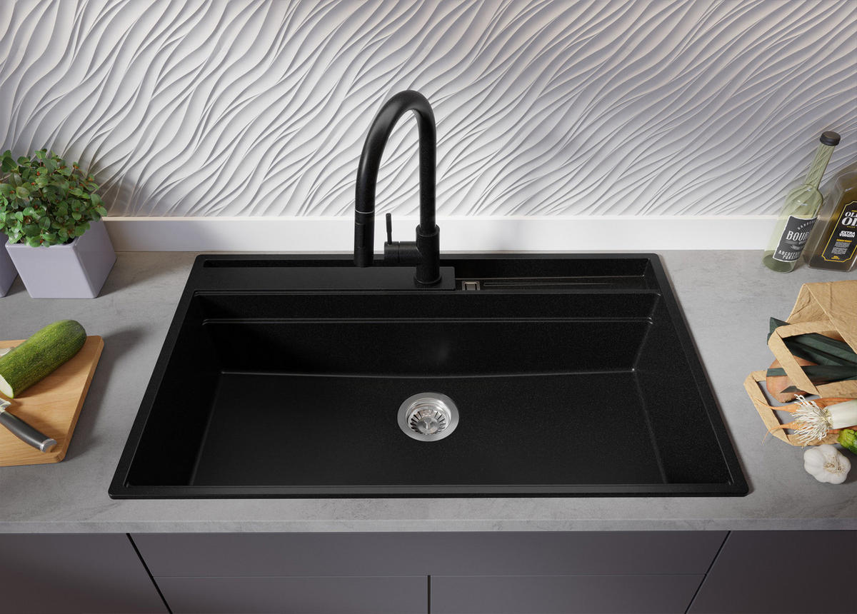 GRANITSPÜLE Oslo Pocket, 2-er set Schwarz 88/53 cm 1 Becken + Küchenarmatur 40/20 cm + Ablauf-Set + Küchenzubehörset ab 90er Unterschrank - Chromfarben/Beige, Kunststoff (88/20/53cm) - Primagran