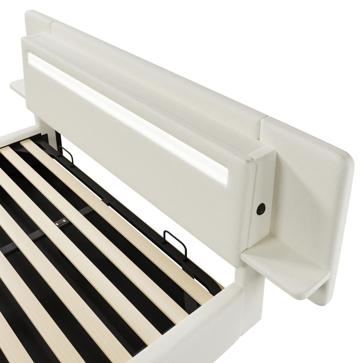 POLSTERBETT aus MDF und Leinen 180x200 cm Beige mit Bettkasten, LED-Beleuchtung, Nachttisch und USB-Anschluss - Beige, Textil (180/200cm) - Modfu