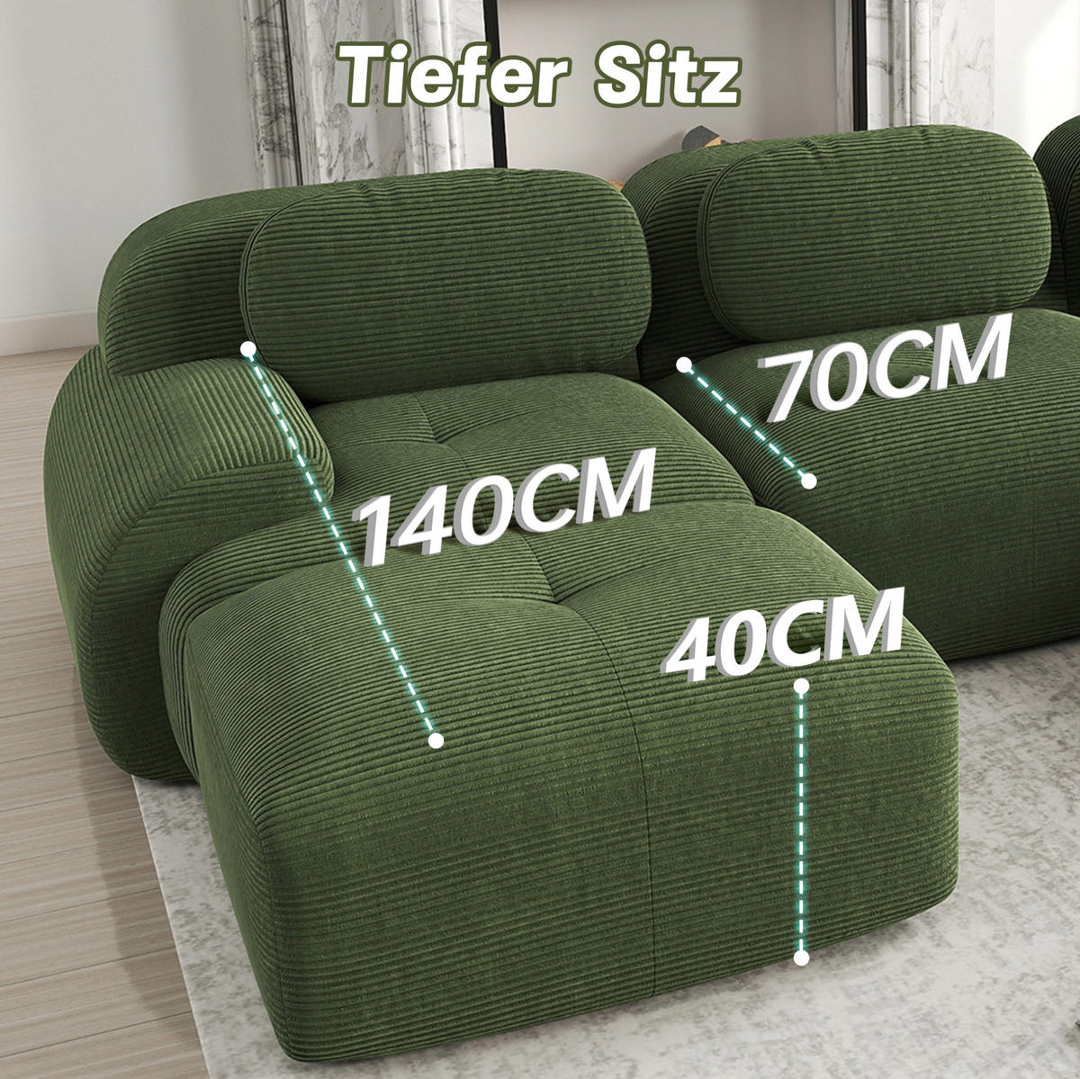 ECKSOFA 208/178/75 cm grün aus Cordstoff modular und montagelos - Grün, Textil (178/208cm) - OKWISH
