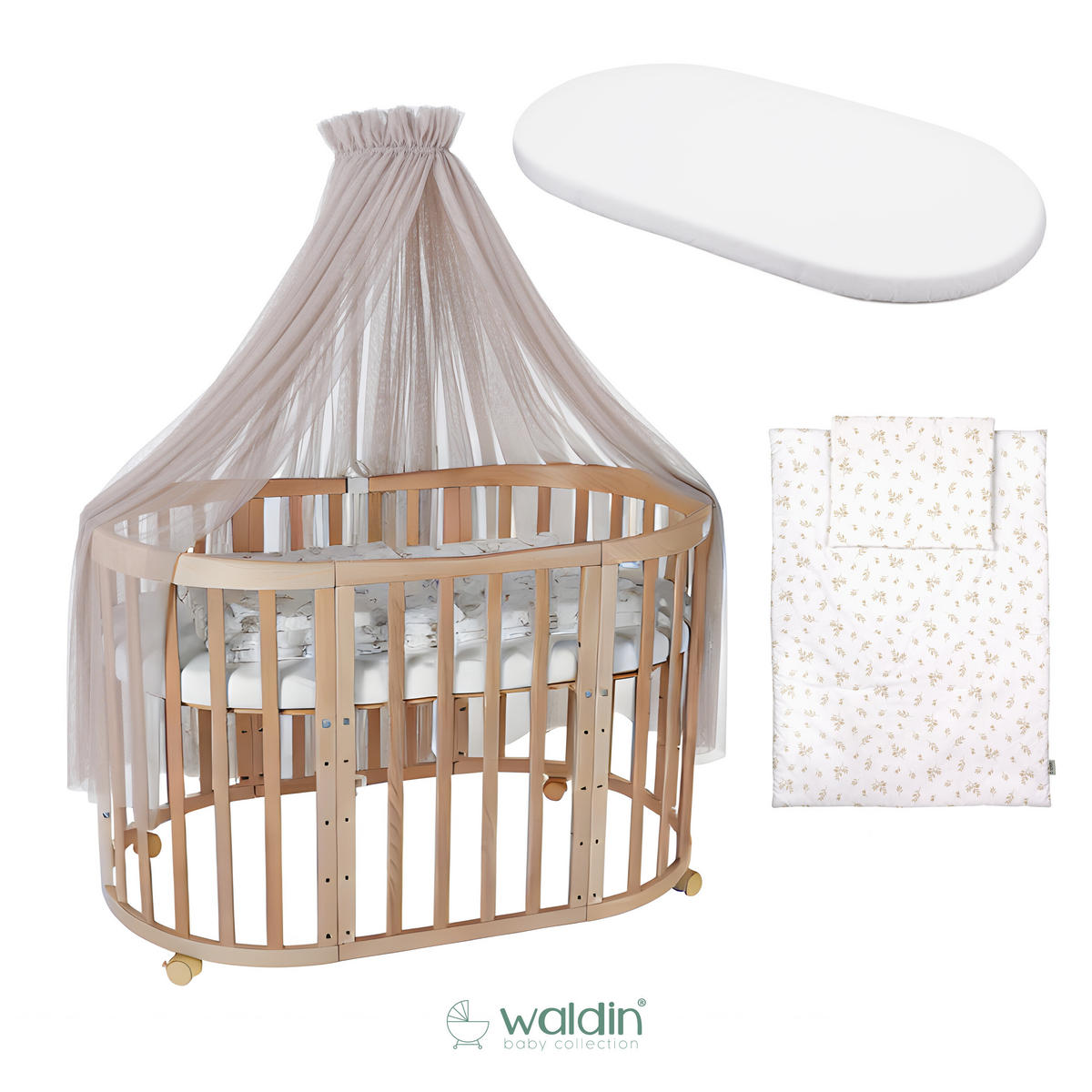 BABYBETT NATUR OVAL 7in1 mit Matratze und Himmelset - Taupe/Naturfarben, Holz/Textil