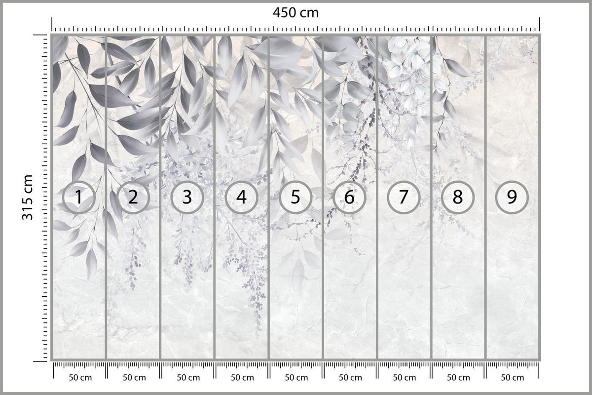 FOTOTAPETE für Schlafzimmer Subtile Rankenblätter Grau 450x315 - Weiß/Grau, Papier (450/315cm) - Muralo