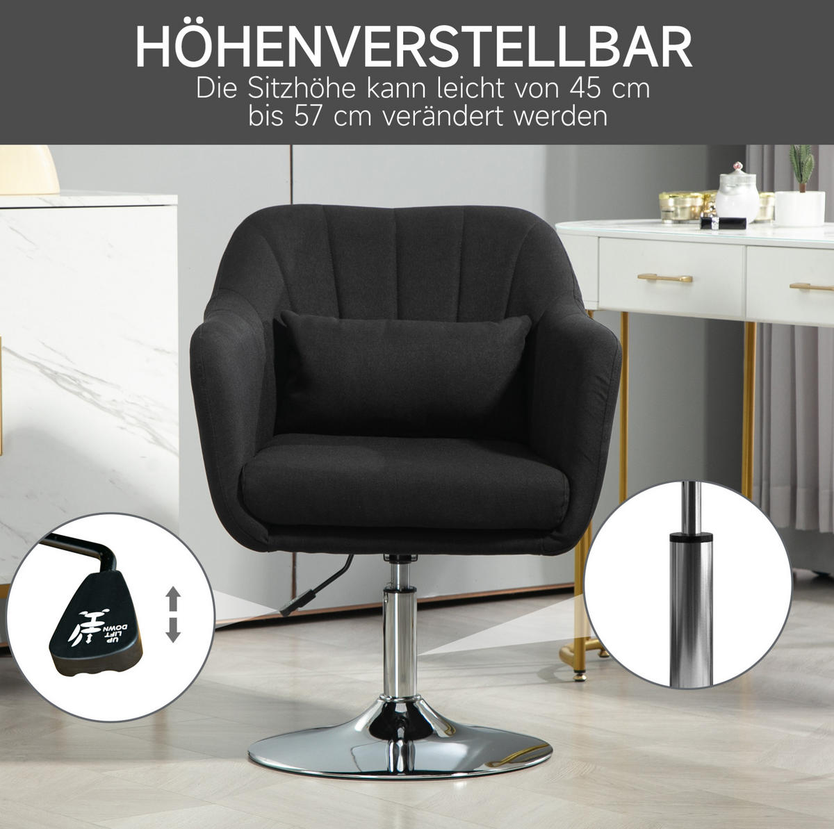 DREHSTUHL 60/60/79-91 cm in Schwarz, höhenverstellbar und 360° drehbar - Schwarz, Textil (60/91/60cm) - Flora Grace