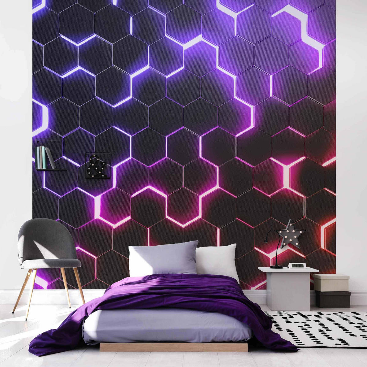 FOTOTAPETE Strukturierte Hexagone mit Neonlicht in Rosa und Lila 240/240 cm - Schwarz, Papier (240/240cm) - Bilderwelten