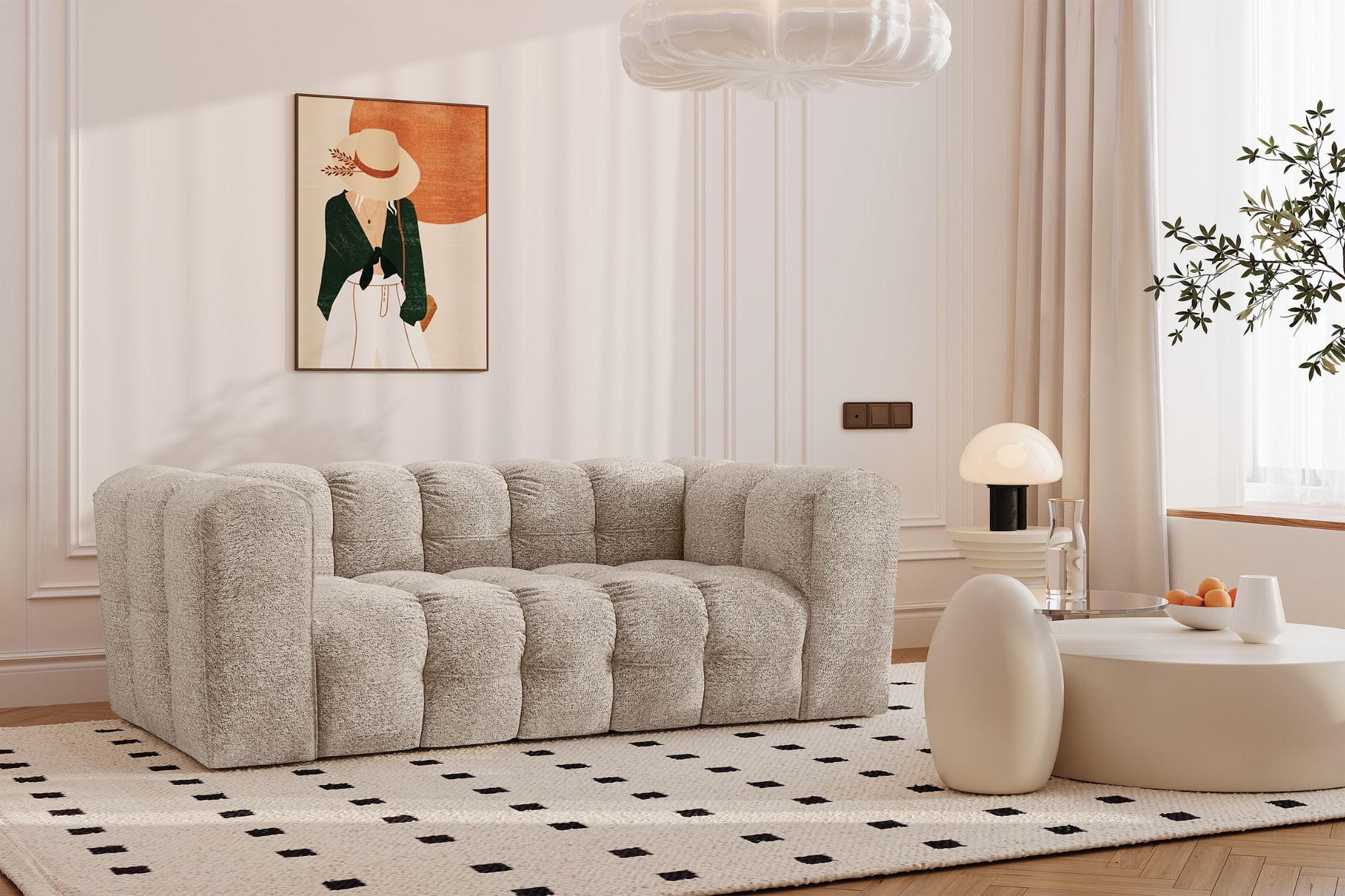 SOFA 2-Sitzer, Komfort, BALOO, stoff Schenille & Bouclé, Beige - Beige, Holz (196/75/106cm) - Kaiser Möbel