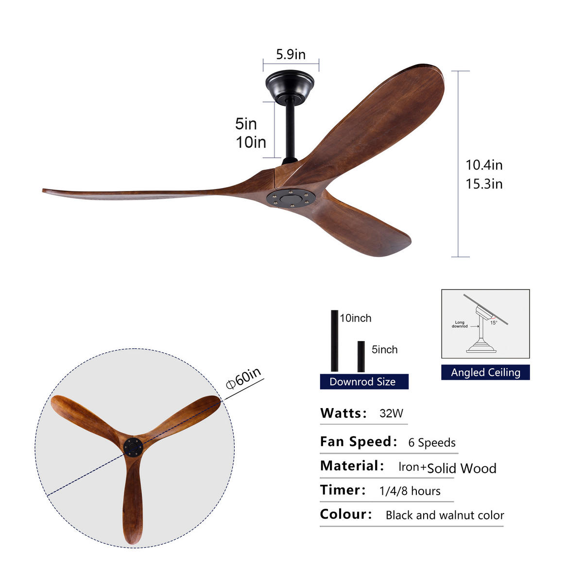 DECKENVENTILATOR DE-16219 60 Zoll ohne Licht & Holz Walnuss - Walnussfarben, Holz/Metall (152/152/32cm) - ComfortXL