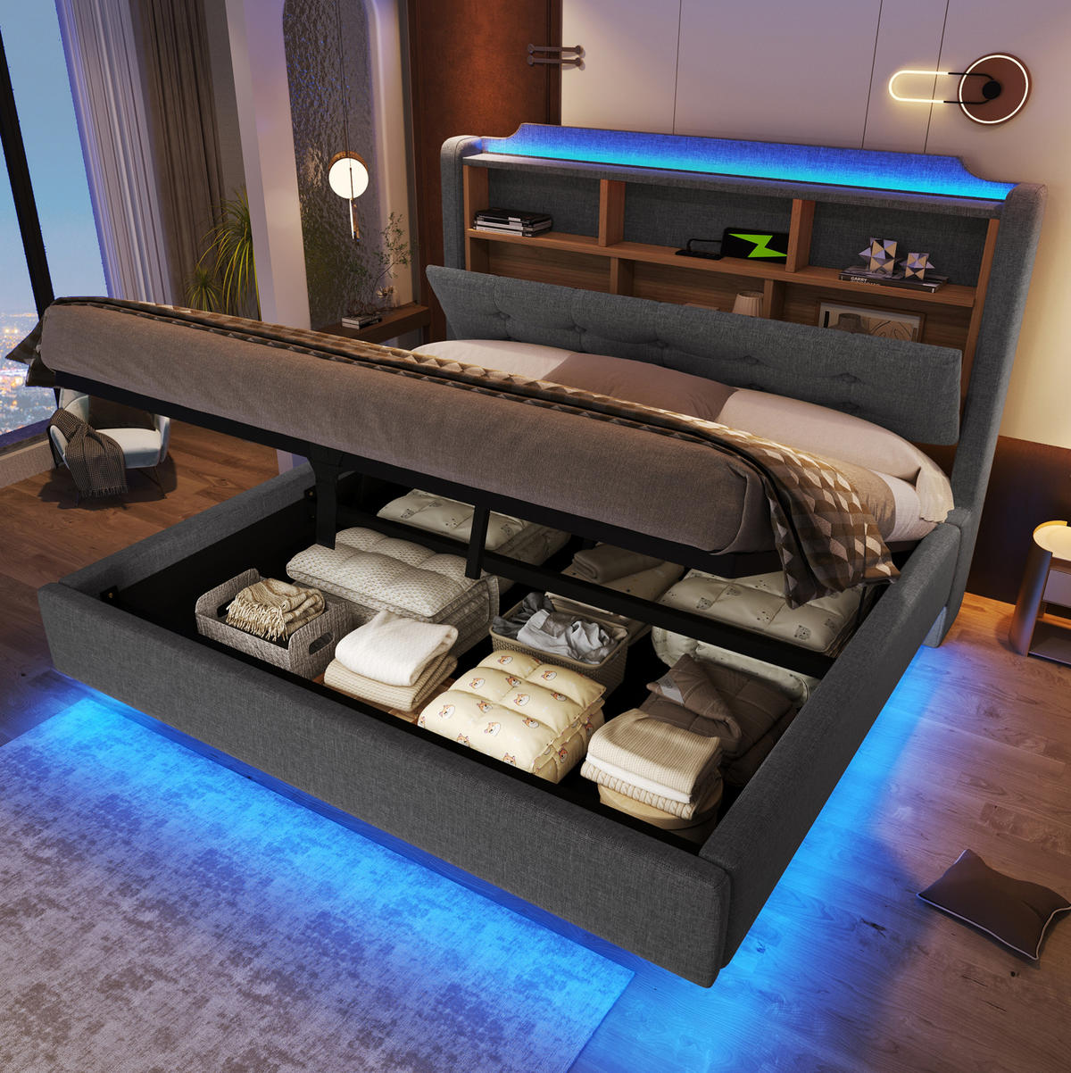 POLSTERBETT mit Stauraum und LED 140x200 cm Leinen Grau - Grau, Metall (140/200cm) - Meubliv