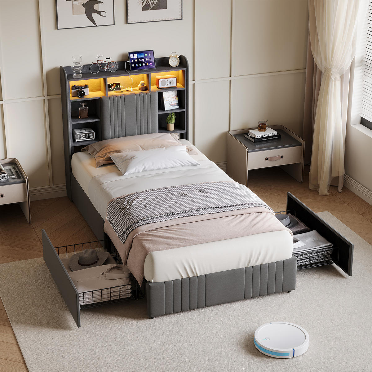 POLSTERBETT 90/200 cm Grau mit 2 Schubladen, LED-Kopfteil mit Ablage und USB - Grau, Metall (90/200cm) - EuroLiving