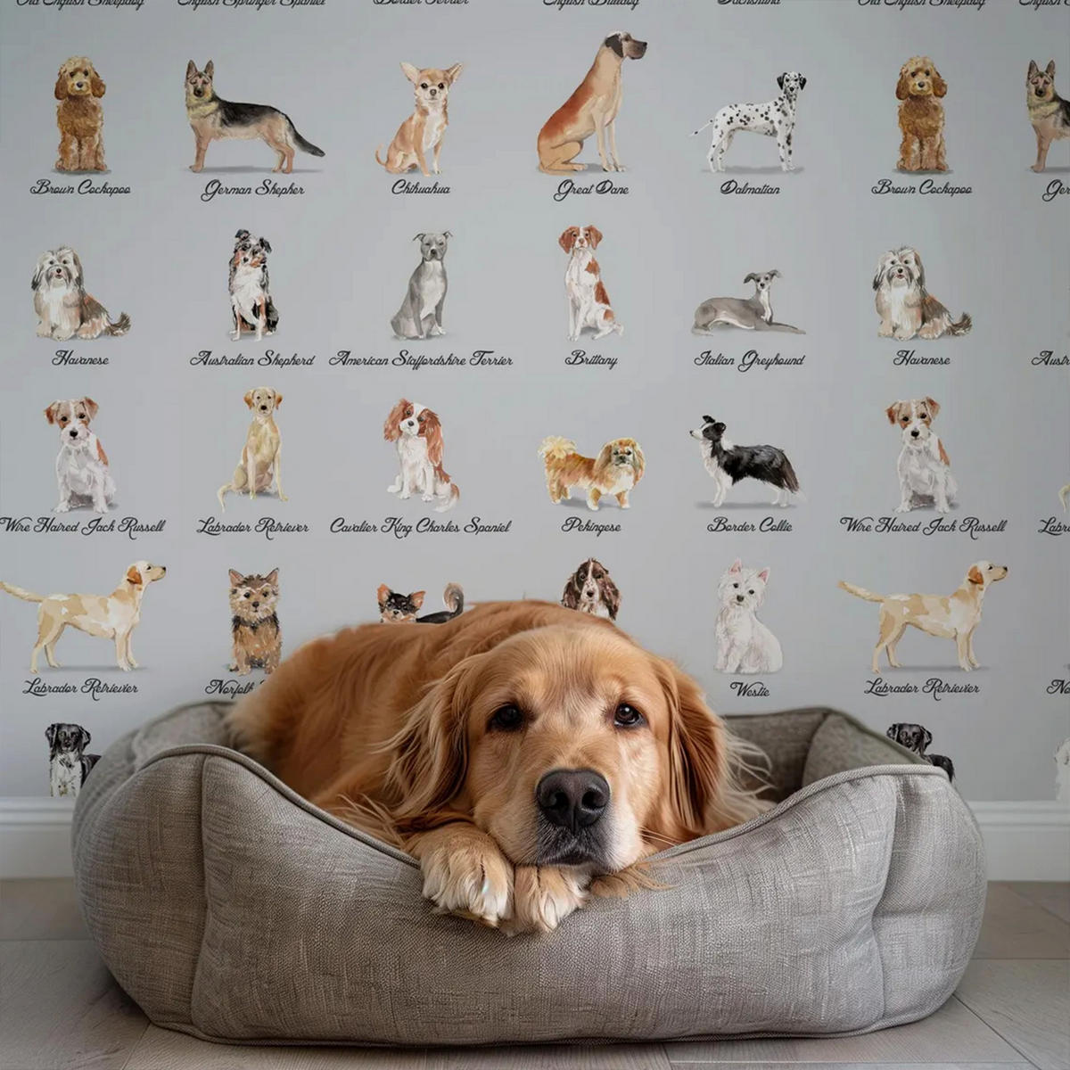 TAPETE Hunde aus echtem Papier, 200x280cm, 8 Bögen - Grau, Papier (200/280cm) - WALLPAPERS4BEGINNERS