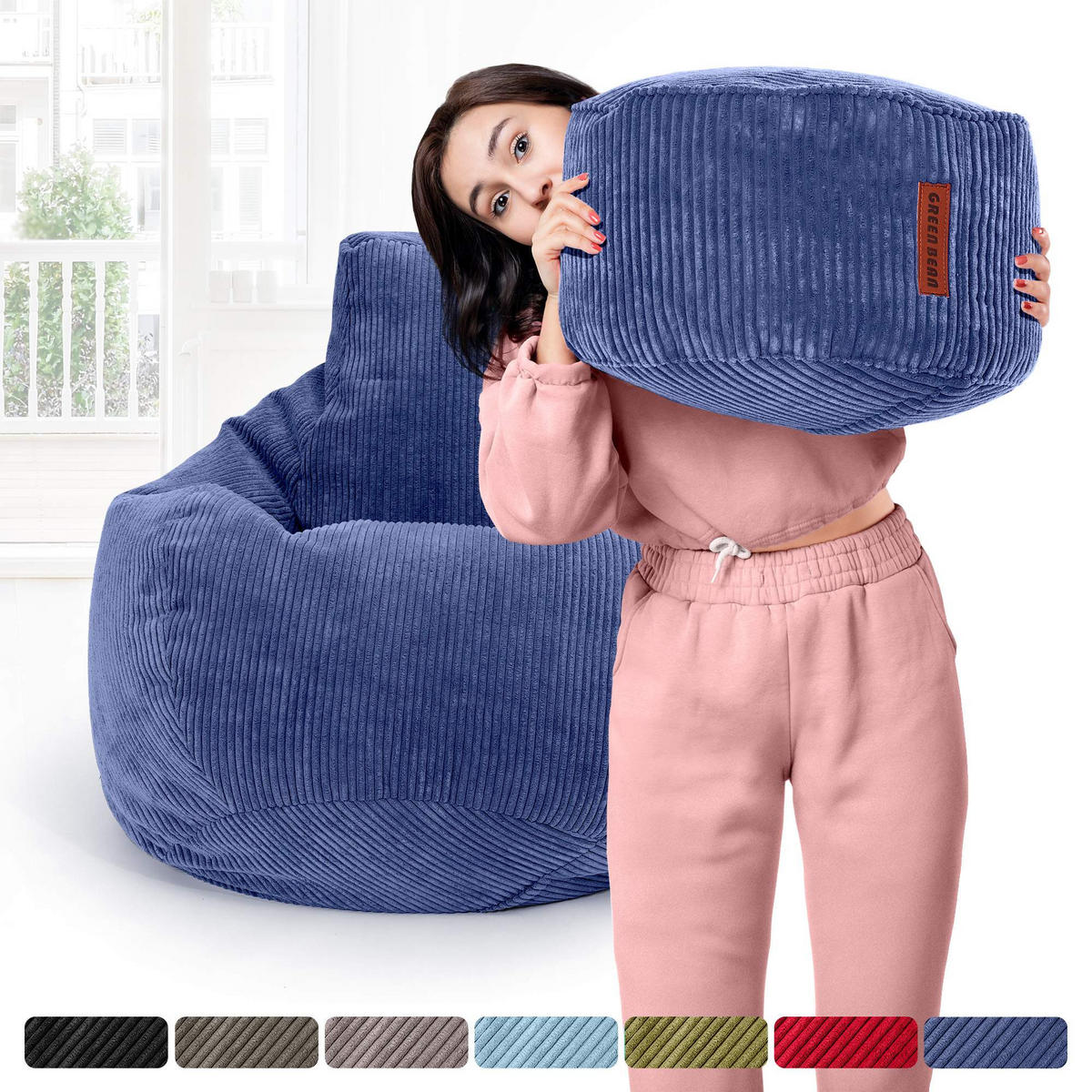 LOUNGE-SITZSACK Cozy + Fußhocker - Dunkelblau, Textil (80/90/90cm) - Green Bean