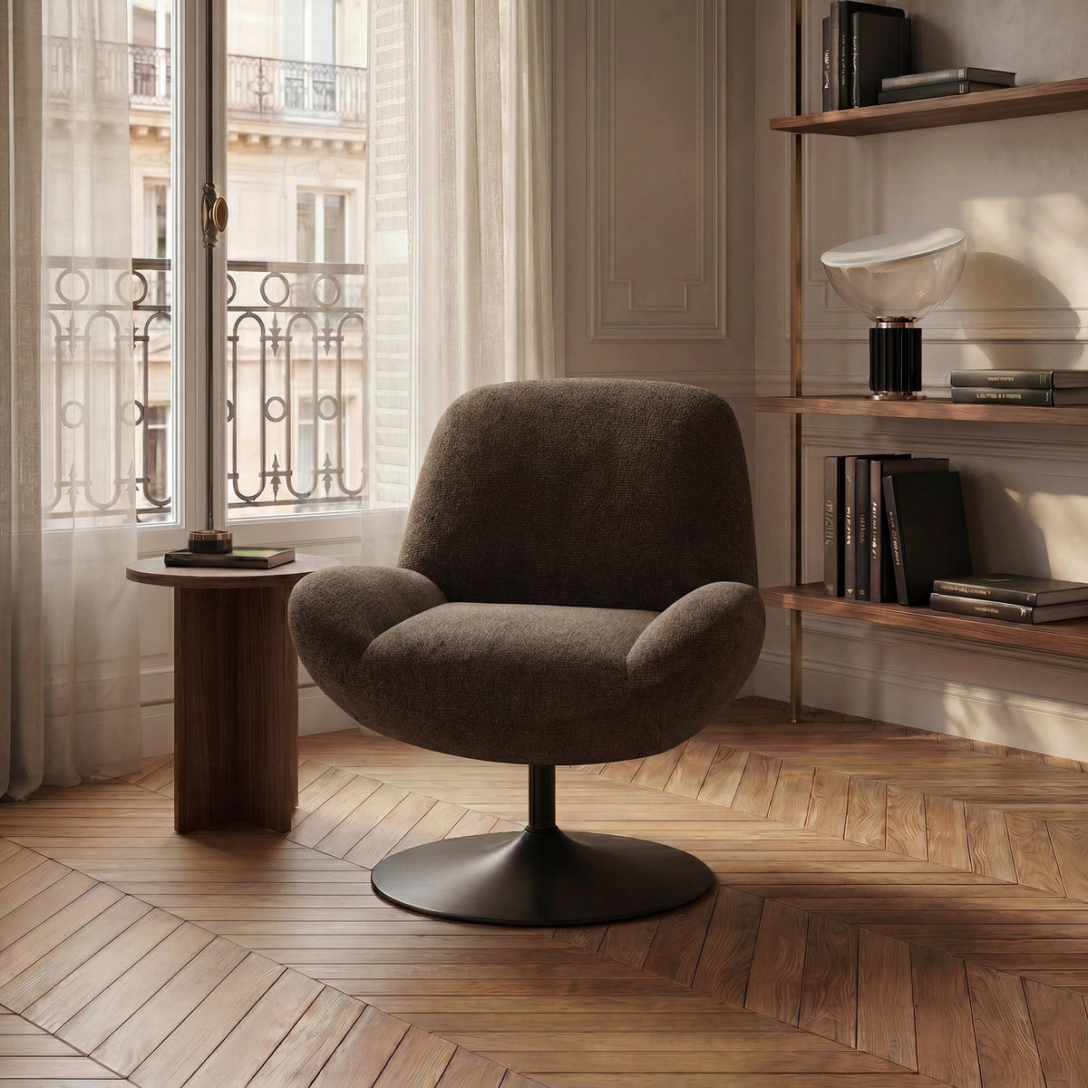 DREHSESSEL RETRO Schlingenvelours Espressobraun 71cm - Dunkelbraun/Braun, Textil (71/80/76cm) - Premium Interiors