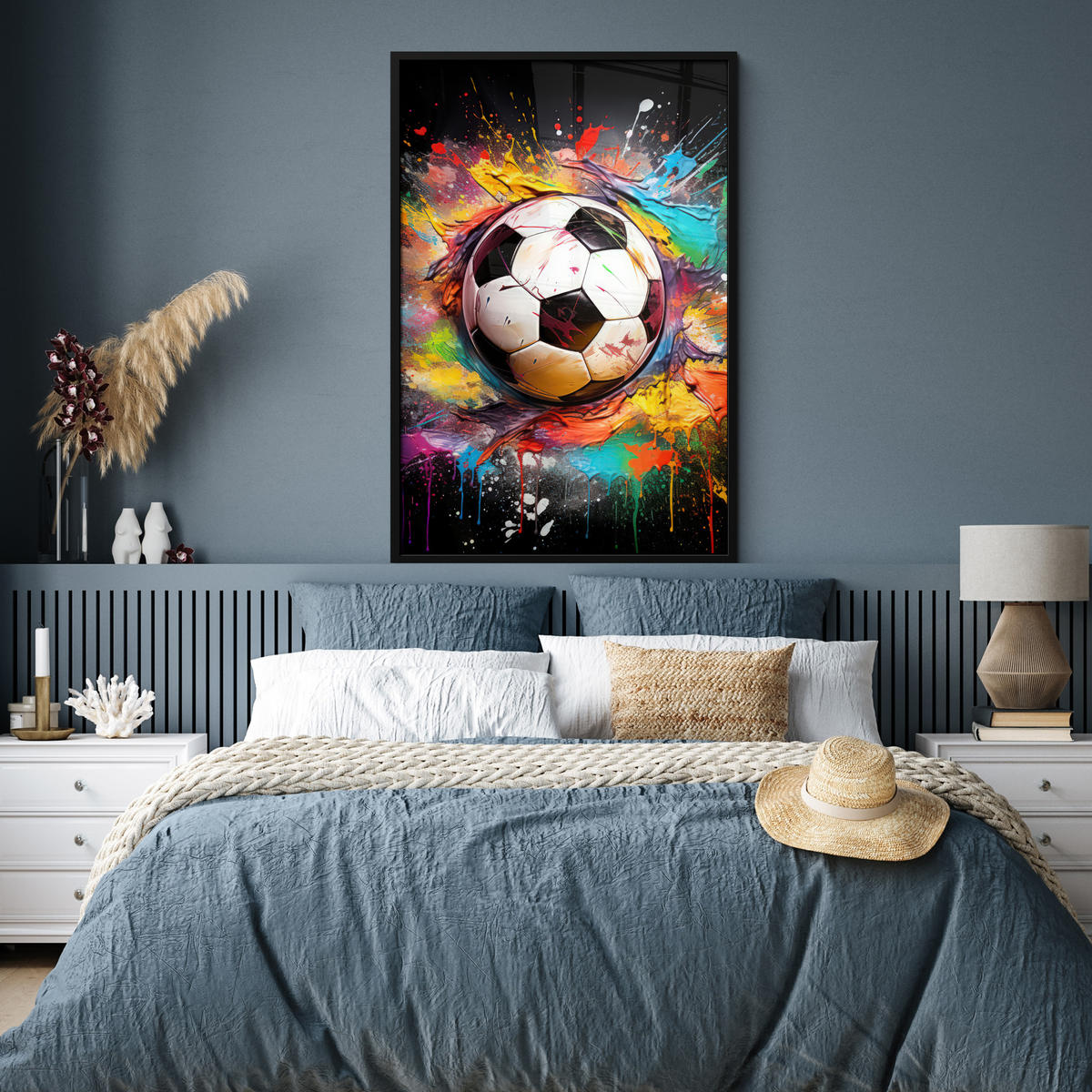 GERAHMTES BILD Fußball - Farbe - Farben - Schwarz - Weiß 80x120 cm - Weiß, Papier (80/120cm) - MuchoWow