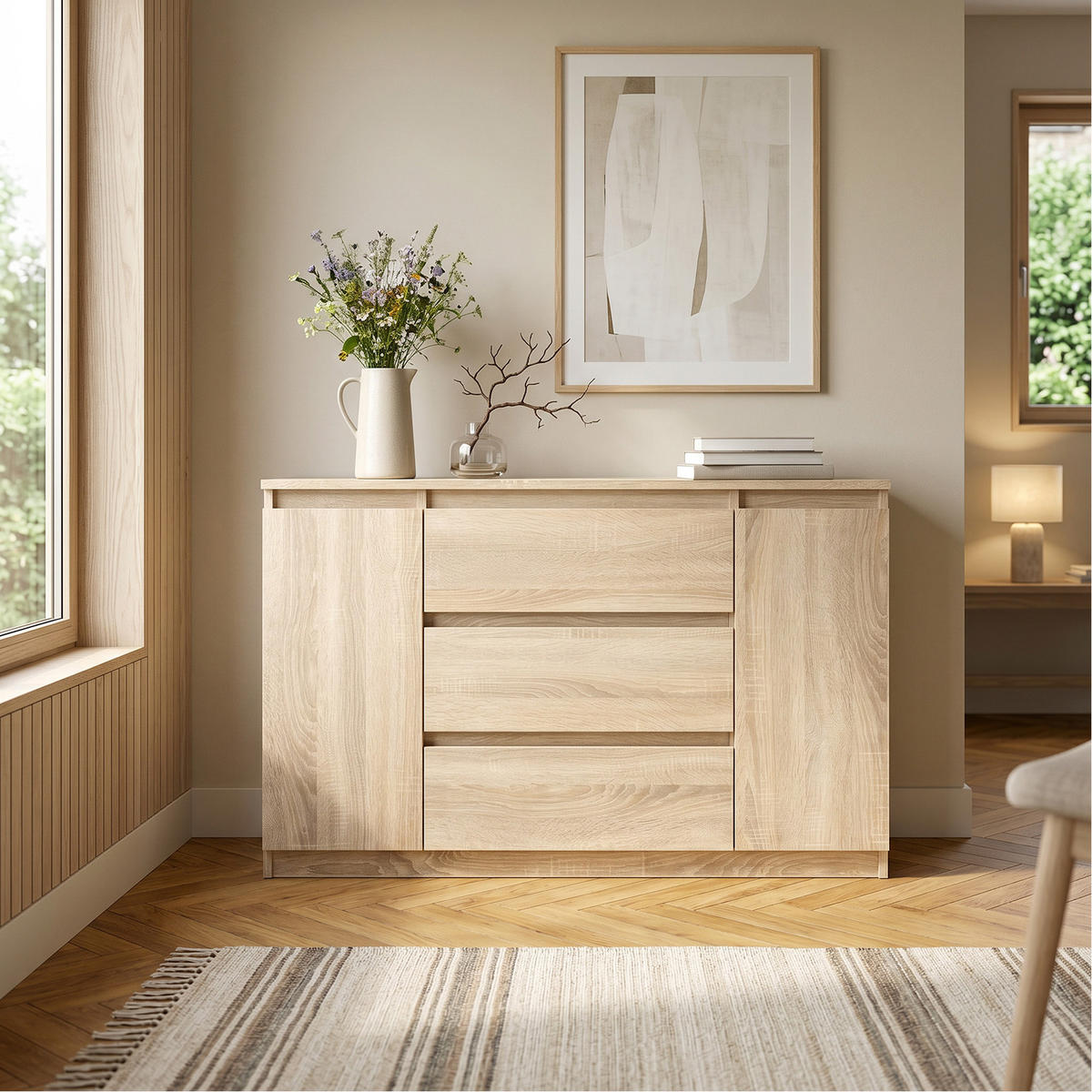 KOMMODE NUDO 120/78,5/39cm mit 3 Schubladen 2 Türen Sonoma Eiche - Sonoma Eiche, Holzwerkstoff (120/78.5/39cm) - MASSENO