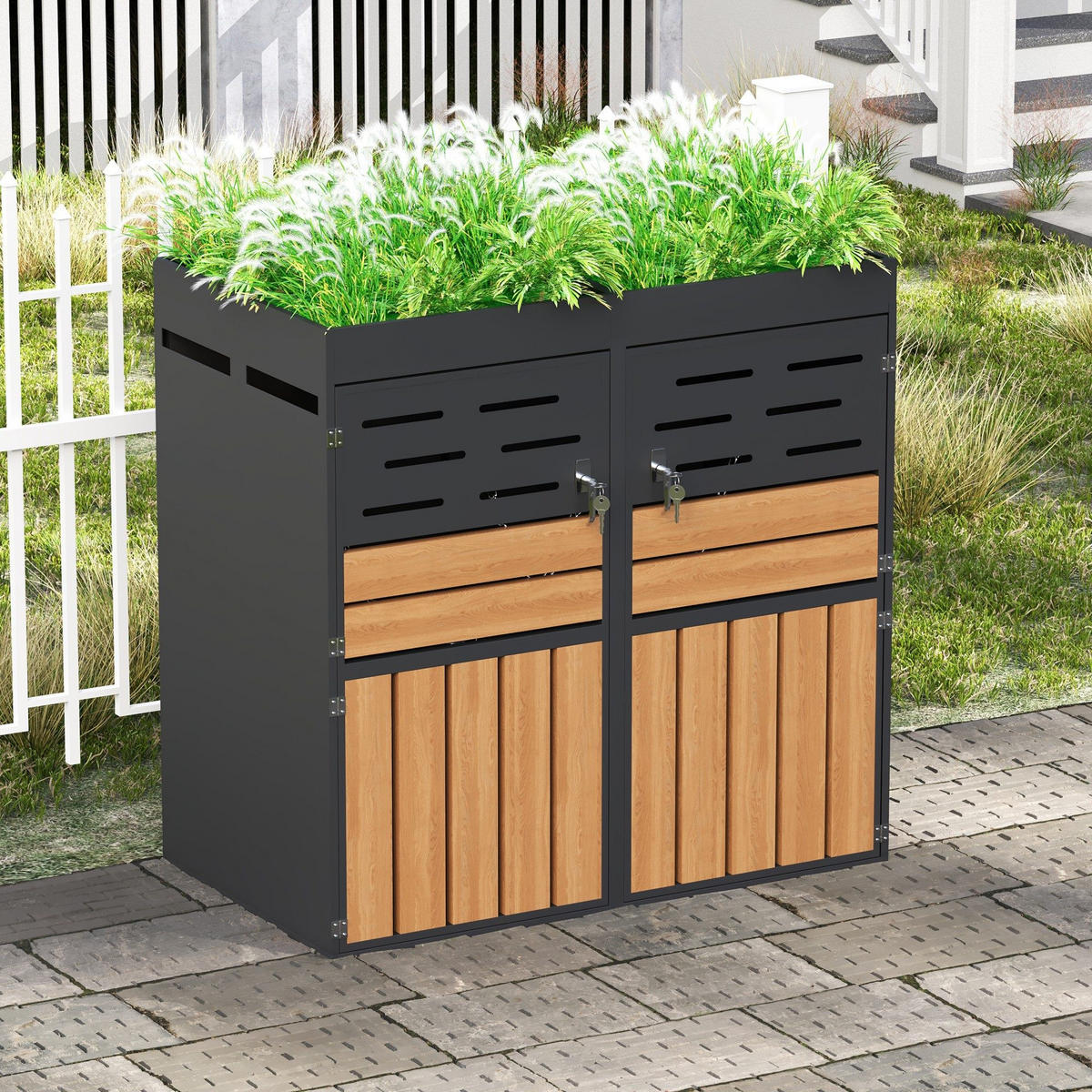 MÜLLTONNENBOX mit integriertem Pflanzkasten,Müllcontainer,Grau - Grau, Metall (133/128/80cm) - LVHOM