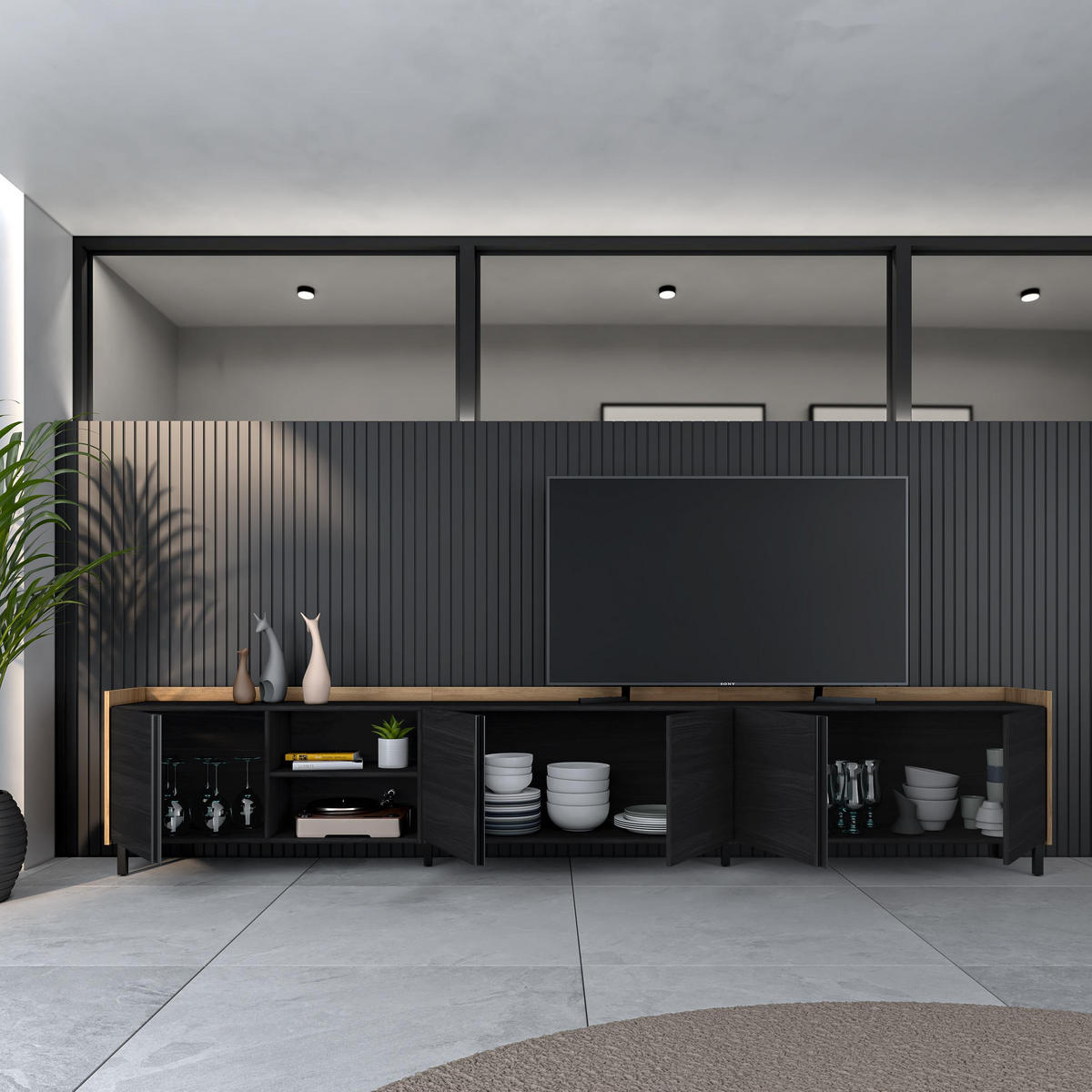 LOWBOARD, Schwarz und Eiche, 309/35/61cm, mit Beinen - Schwarz, Holzwerkstoff (309/61/35cm) - Skraut Home